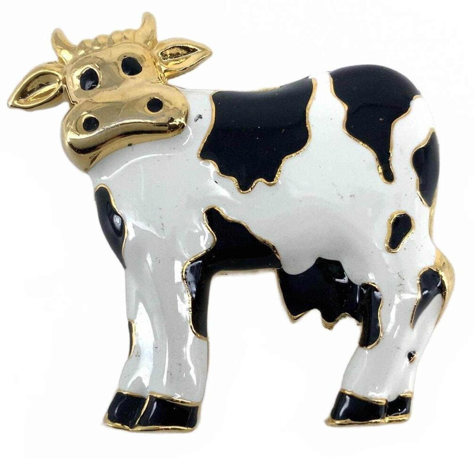Vintage Enamel Holstein Cow Brooch Goldtone Animal Farm Lapel Pin Kitsch Jewelry