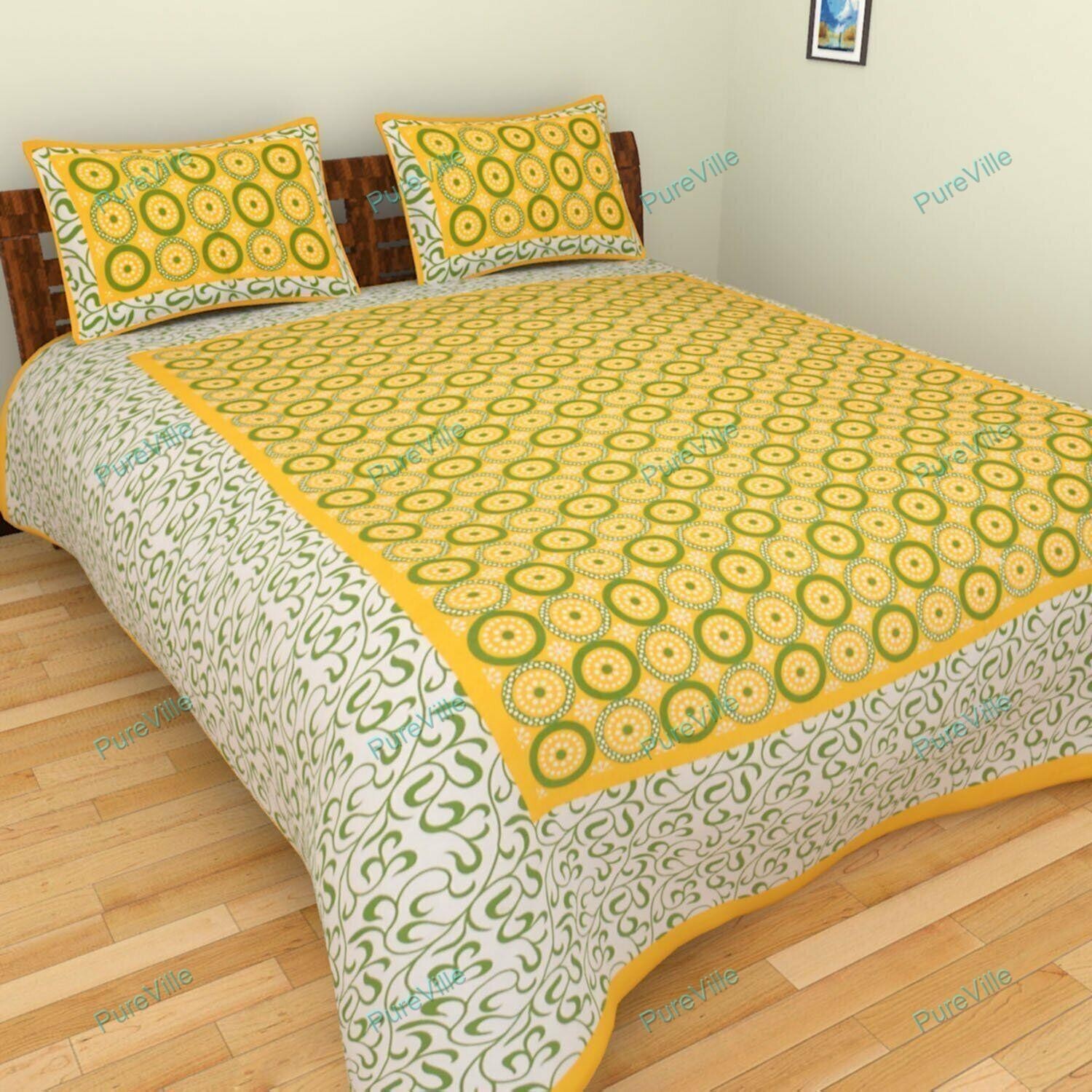 Attartive Desgin 2 Kaam Pure Cotton Yellow Double Bed Sheet With Pillow Cover