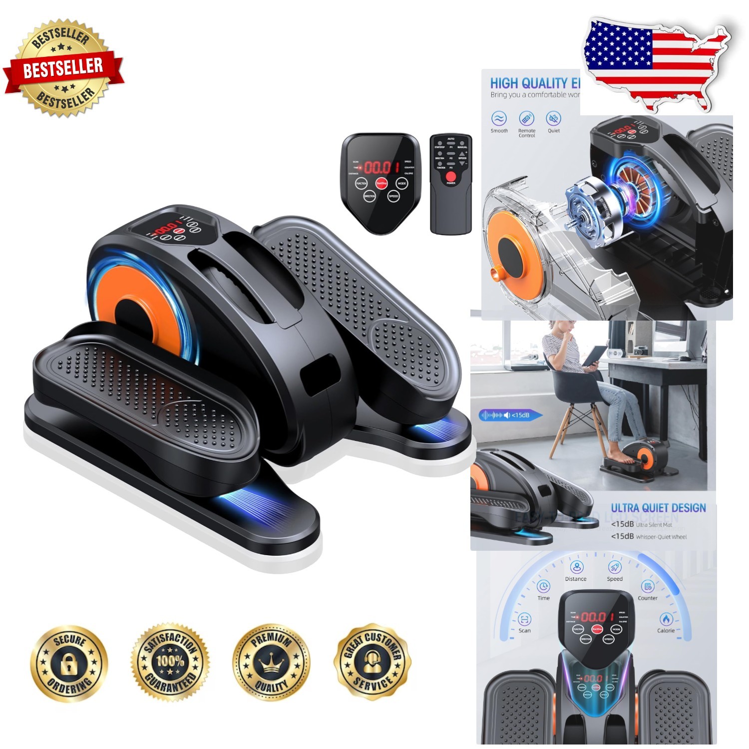 Quiet Under Desk Elliptical Orange 12-Speed Auto/Manual Remote Control