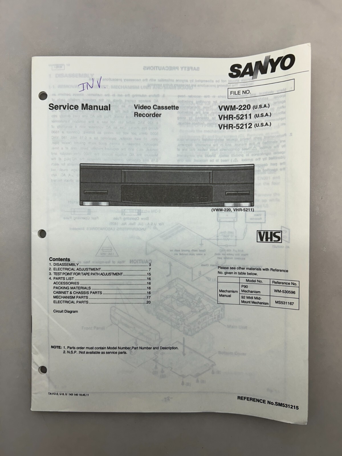 Sanyo VWM-220 VHR-5211 5212 Original Service Manual Free Shipping