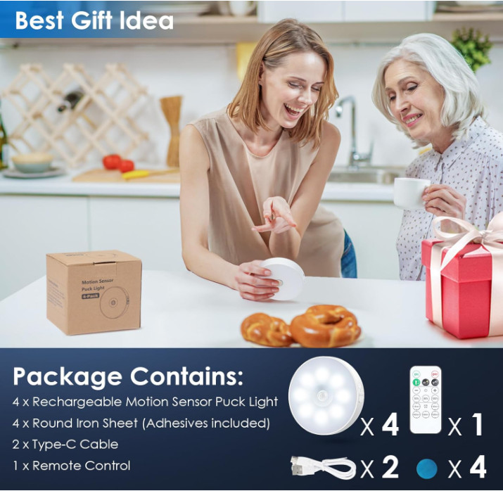 Pack 4 Luces LED Puck con Sensor Movimiento Recargables Control Remoto USB