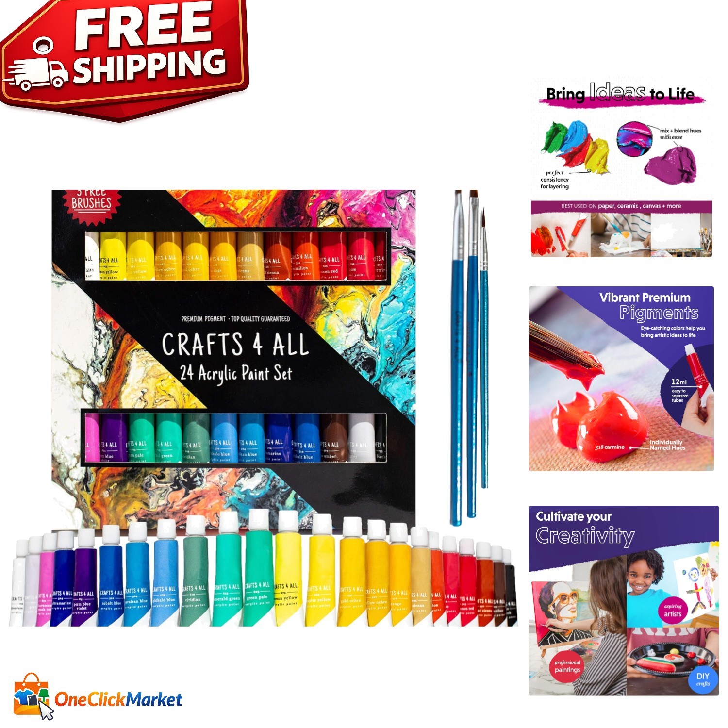 24 Vibrant 12mL Acrylic Paints & Brushes - Safe Non-Toxic Art Supplies for Kids