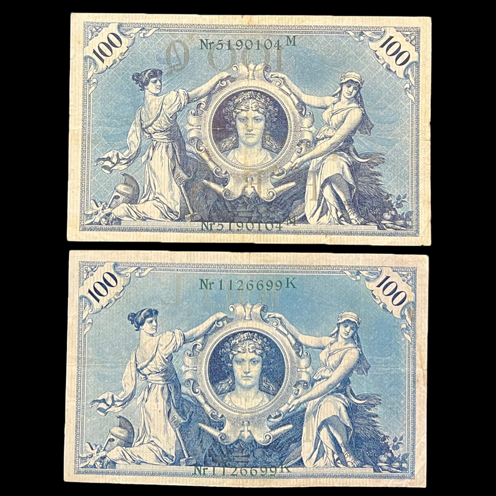 2x 1908 Germany 100 Mark WWI Era Pre WWII Banknote World Paper Money Kaiser