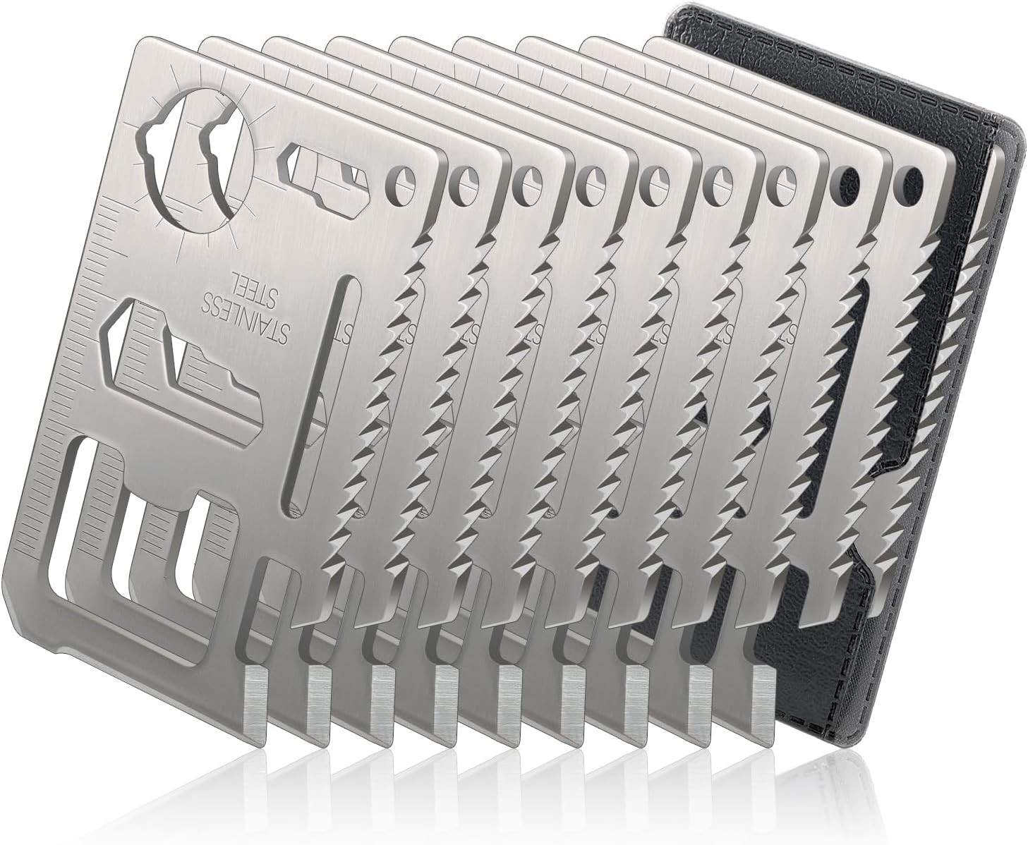11-in-1 Credit Card Multitool For Men, 10 Pack Survival Pocket Tools, Silver