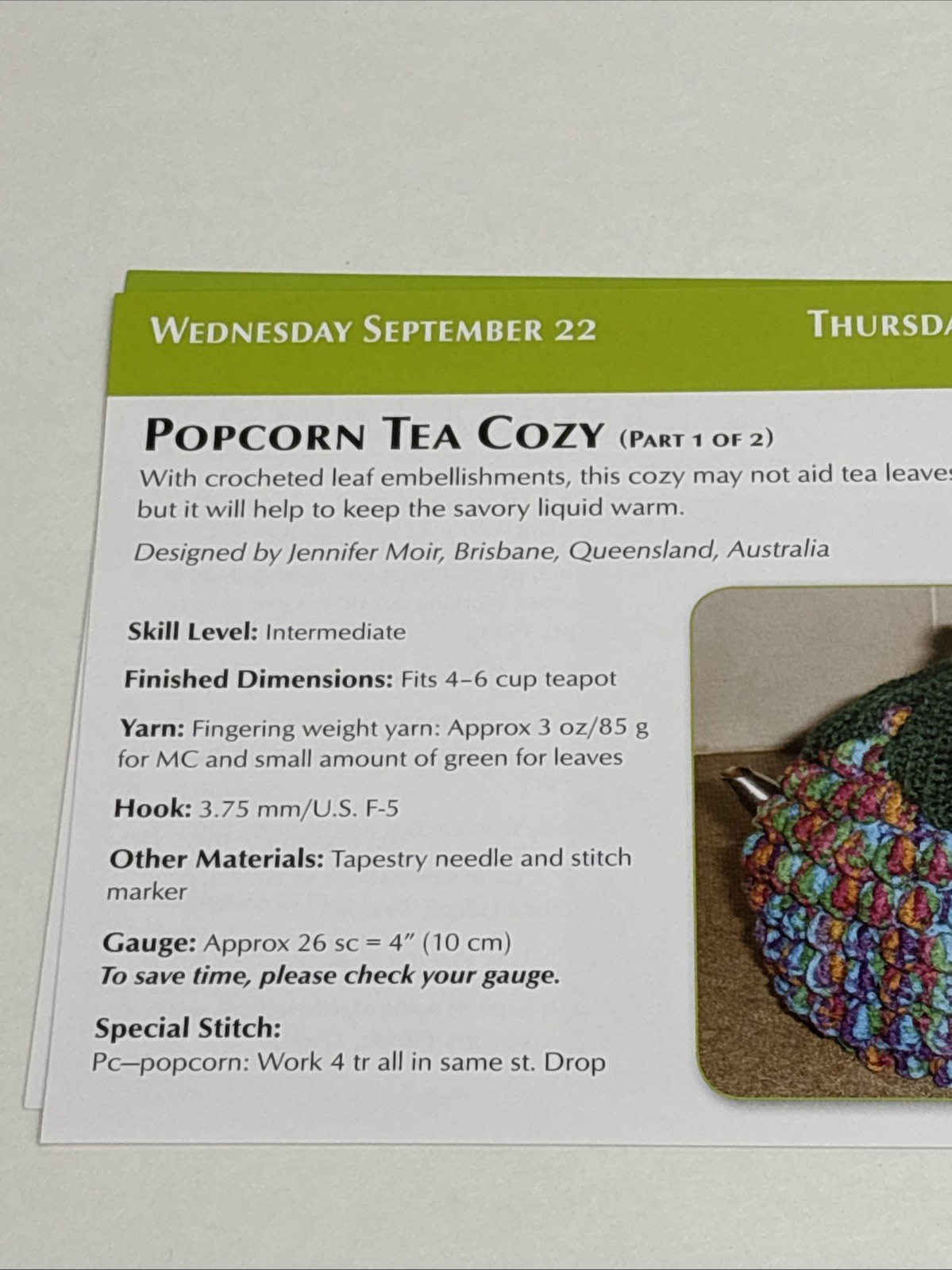 Popcorn Tea Cozy Crochet Pattern Cards Pages