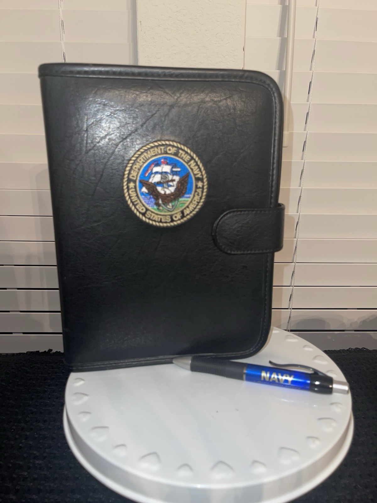 Vintage United States Navy Black 3 Ring Portfolio With Embroidered Logo & Pen