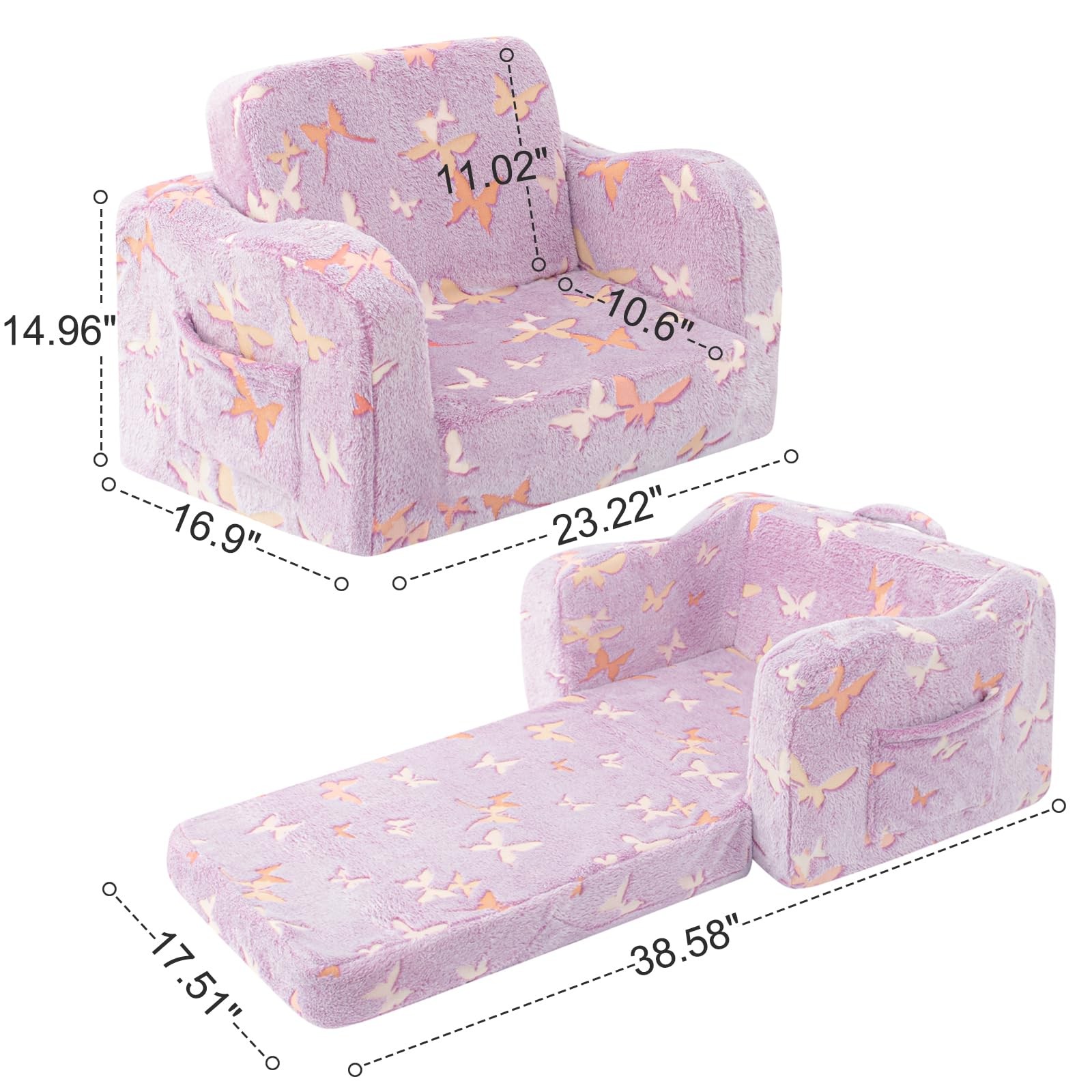 Kids Toddler Chair, 2-in-1 Toddler Couch Fold Out, Convertible Chairs for Tod...