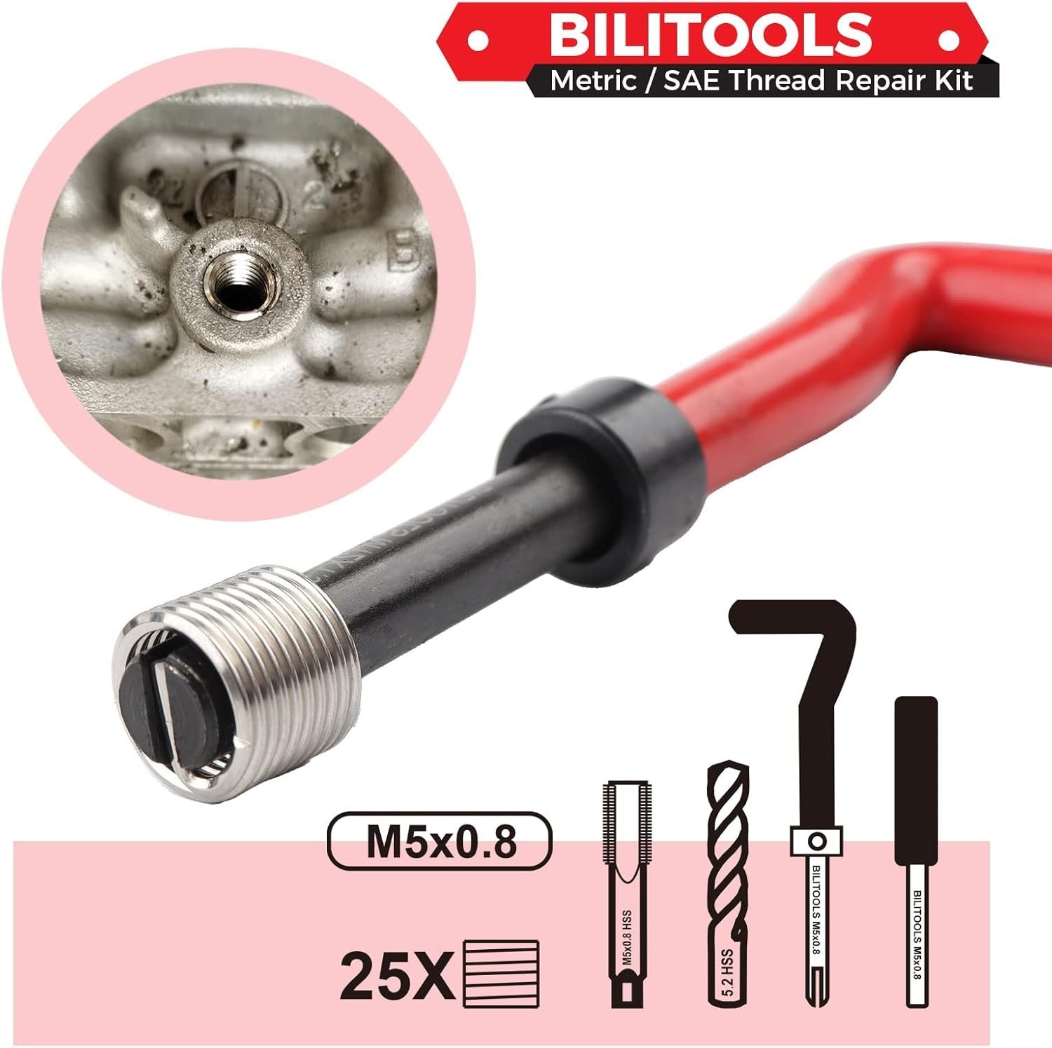 Versatile M5x0.8 Thread Repair Kit for Metals & Polymers - HSS Drill Included