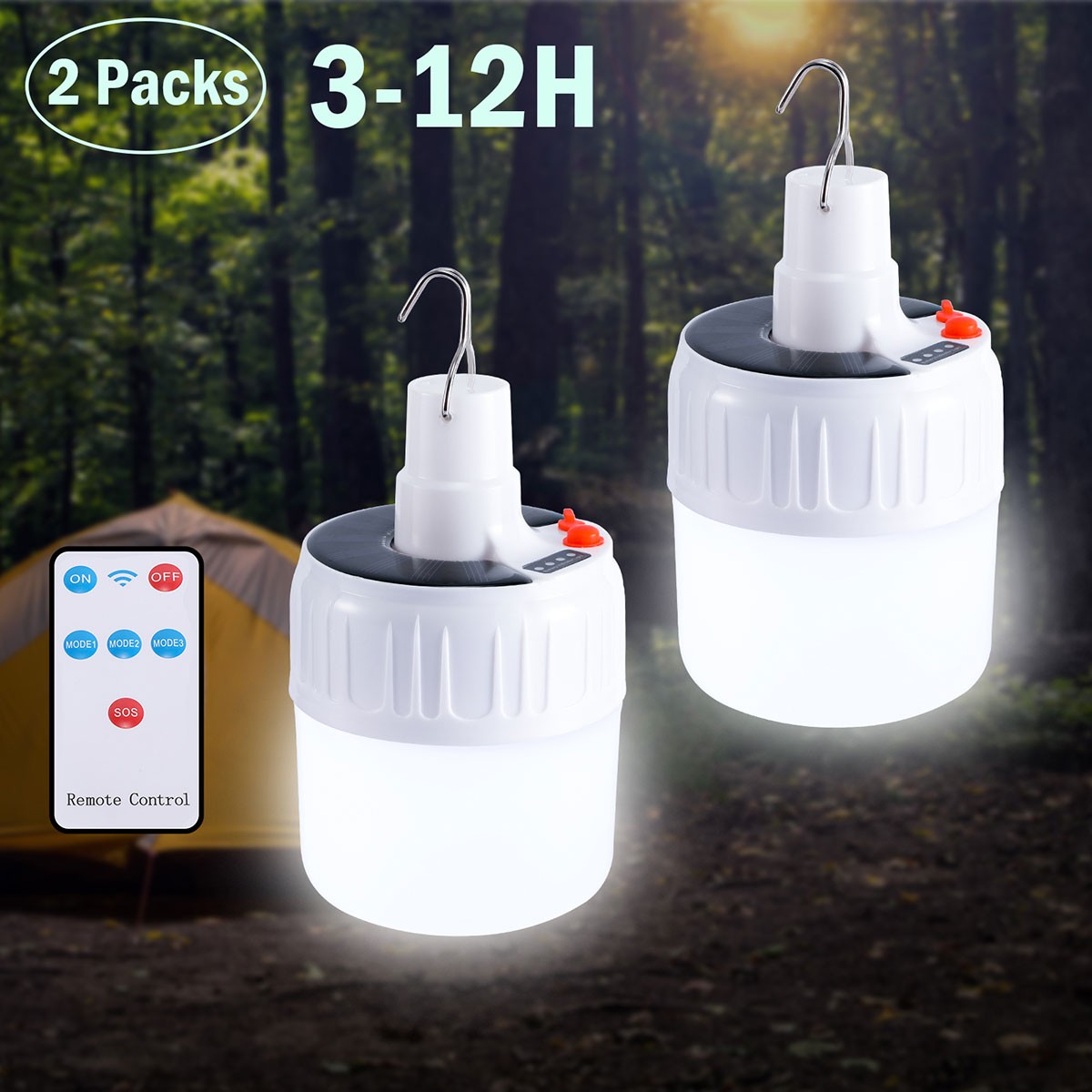 LOT LED Solar Camping Lamp 5 Gears Rechargeable Tent Light Bulb IP65 with Remote