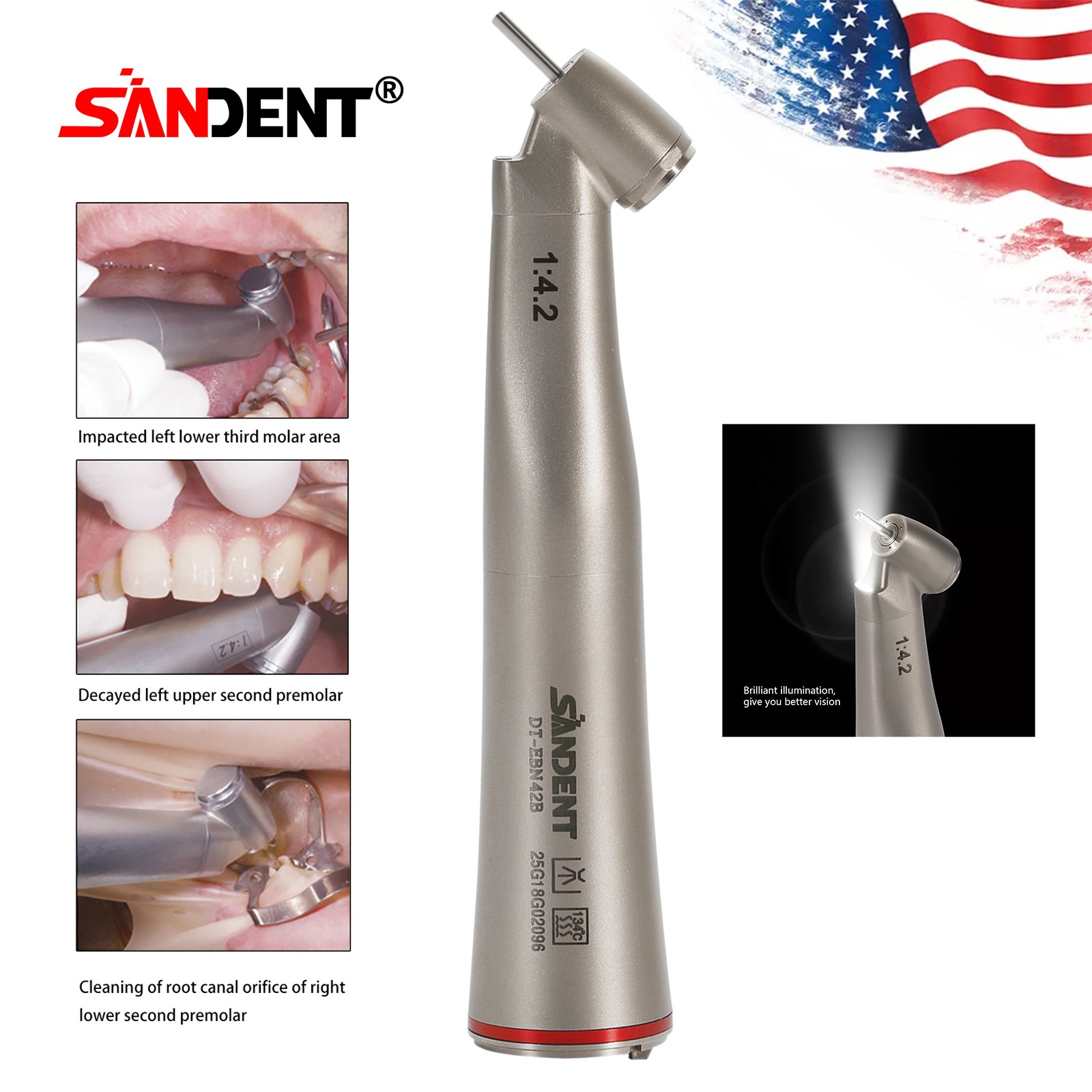 LED Handpiece 1:4.2 Contra Angle 45° LED Fiber Optic Turbine Inner Water SANDENT