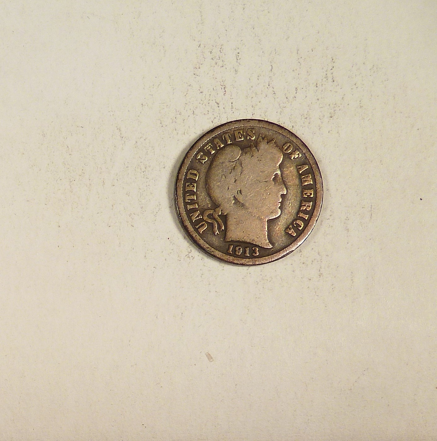 1913-S Barber Silver Dime grades GD+, Scarce Date, Good Collector Date.