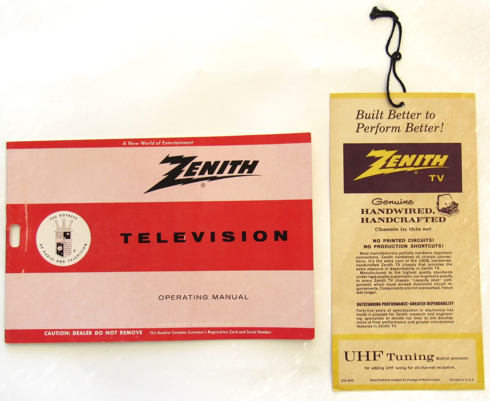 1964 Zenith TV Showroom Display Tag +Operating Manual Lot Original Store Dealer
