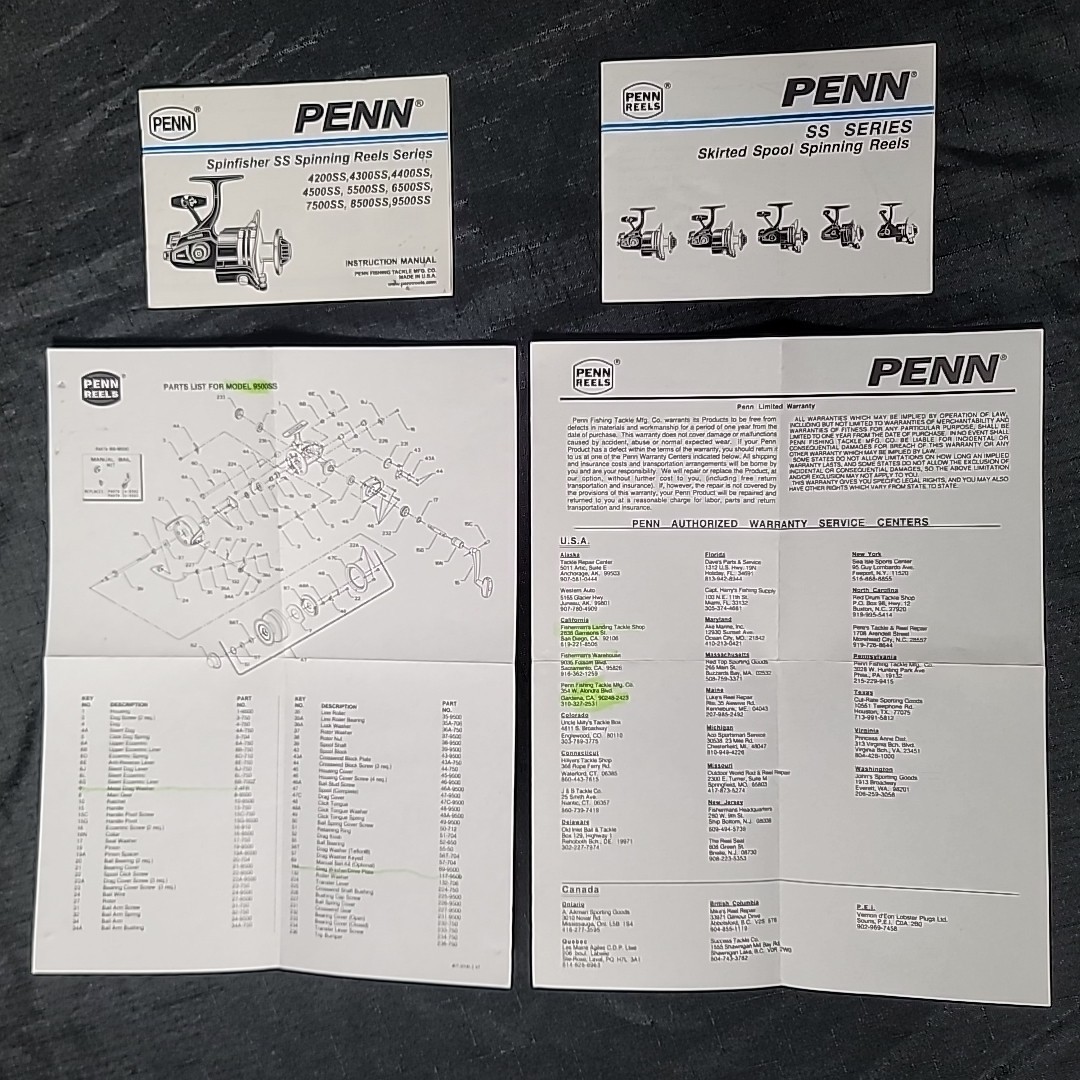 PENN  SS Series Spinfisher Spinning Reels Instructions & 9500SS Parts List