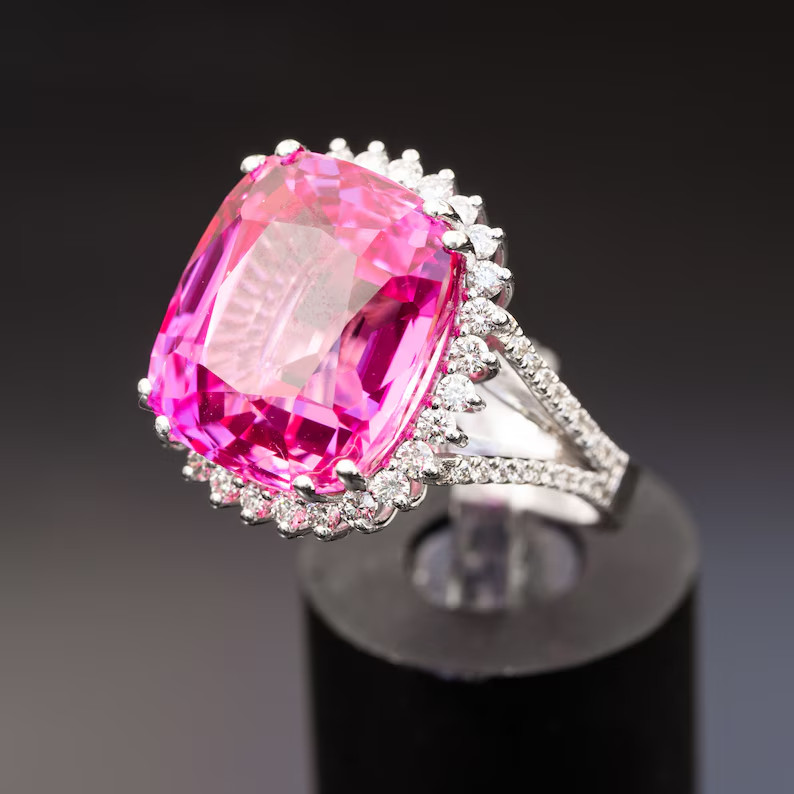 12.70 Ct Cushion Natural Pink Sapphire Diamond B'day Ring 14K White Gold Size 7