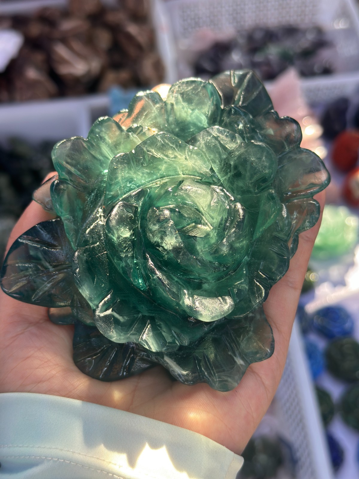 1pc Natural green fluorite Quartz Carved peony flower Crystal Reiki healing gift