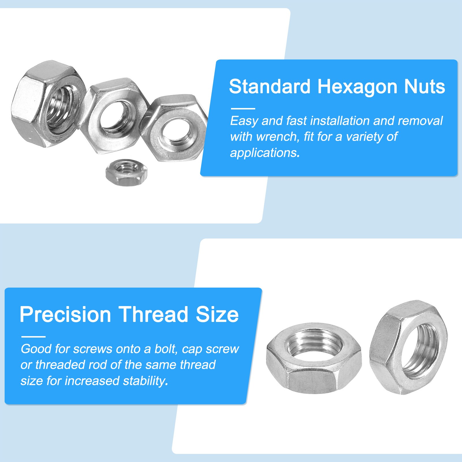 Hex Nuts (1"-8) 1Pcs 316 Steel Coarse Thread Nut Silver
