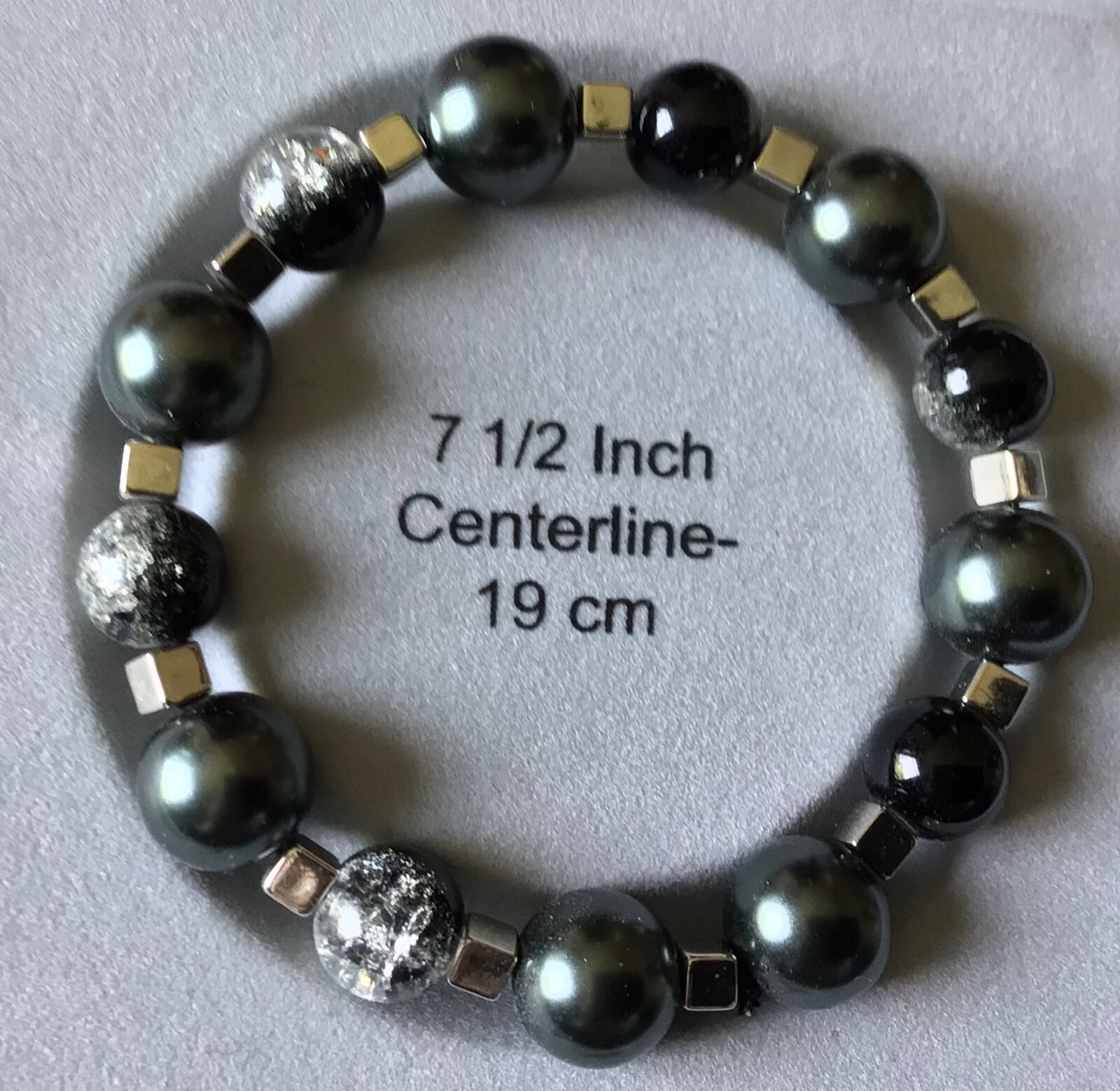 7.5" stretch bracelet in black/silver beads, Made in the USA