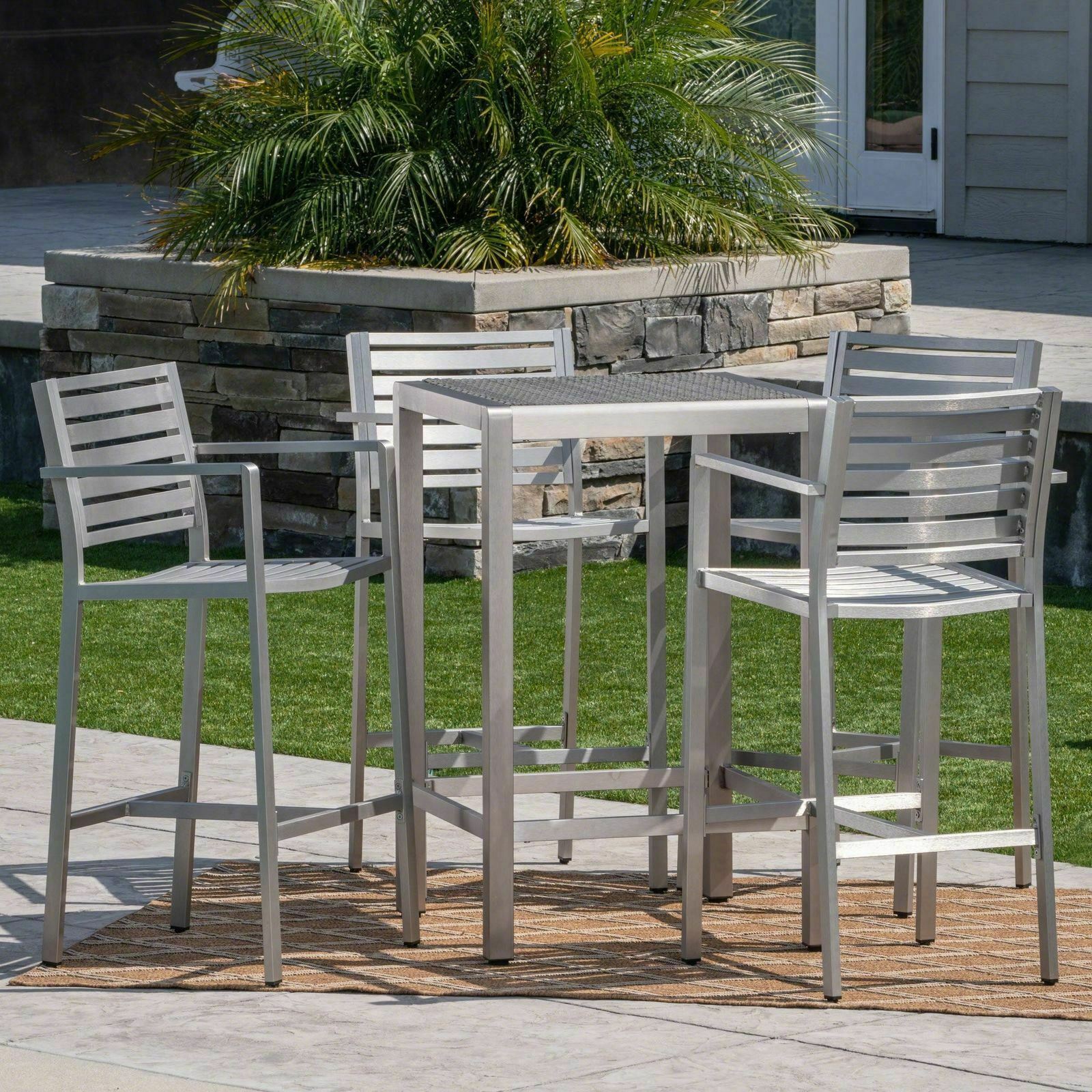 Tracy Outdoor 5 Piece Silver Rust-Proof Aluminum Bar Set with Grey Wicker Top Ba