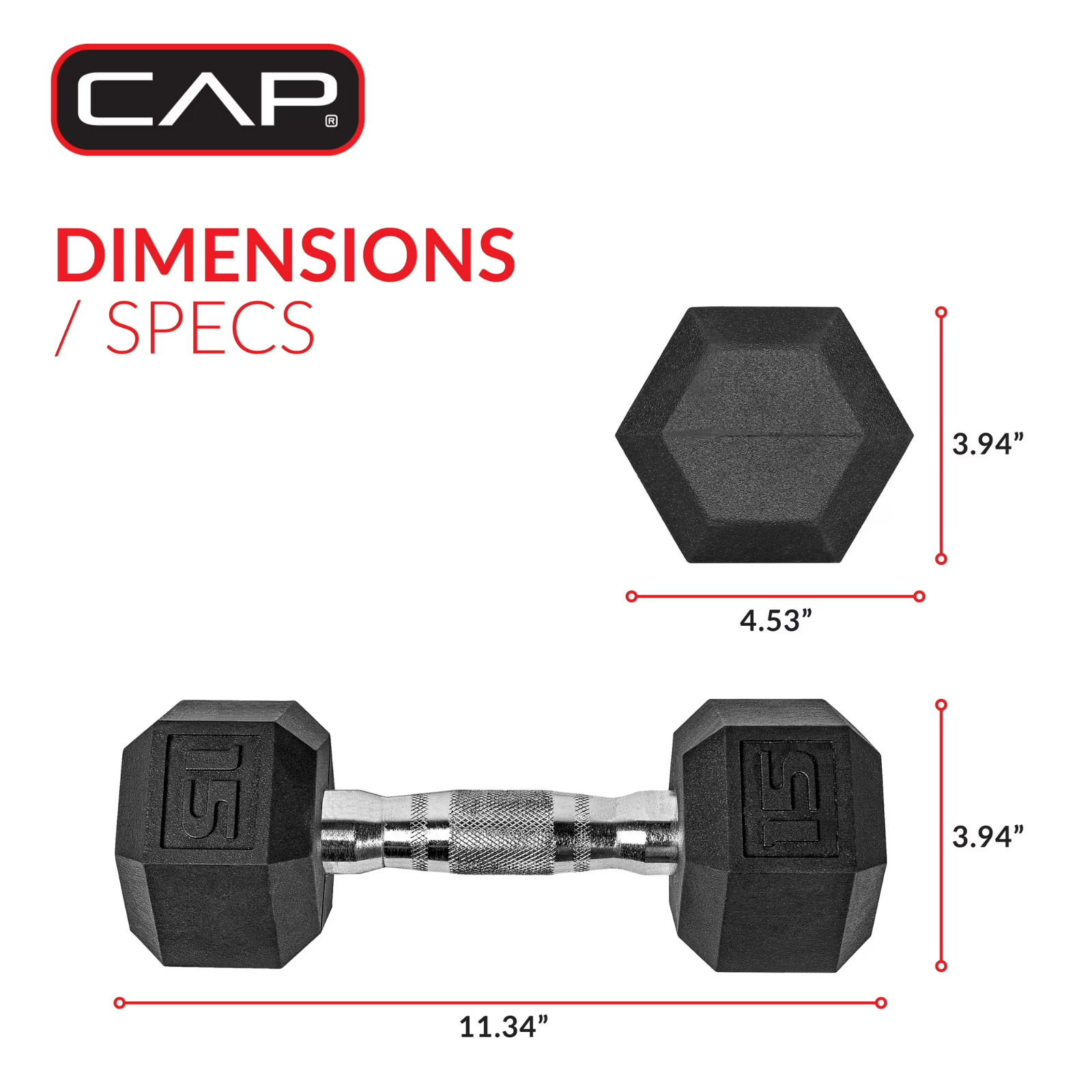 (2 pack) CAP Barbell, 15lb Rubber Hex Dumbbell, Single Durable Free Ship