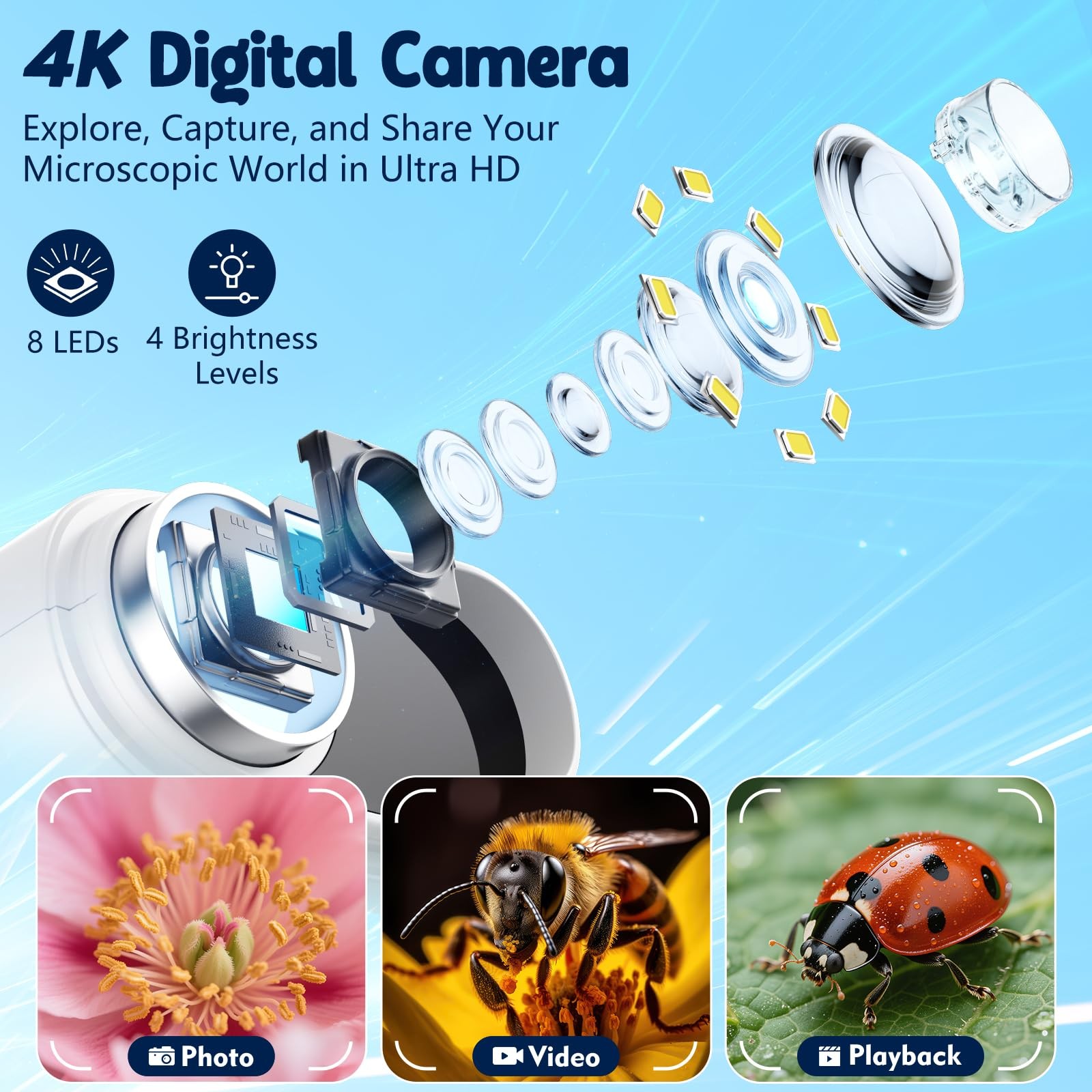 1000X Handheld Microscope for Kids, Portable 4K Digital Microscope with 12