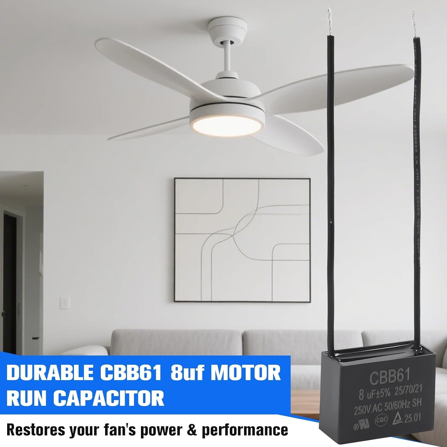 Durable 8uF 250VAC Ceiling Fan Capacitor - Rectangular Shape, High Performance
