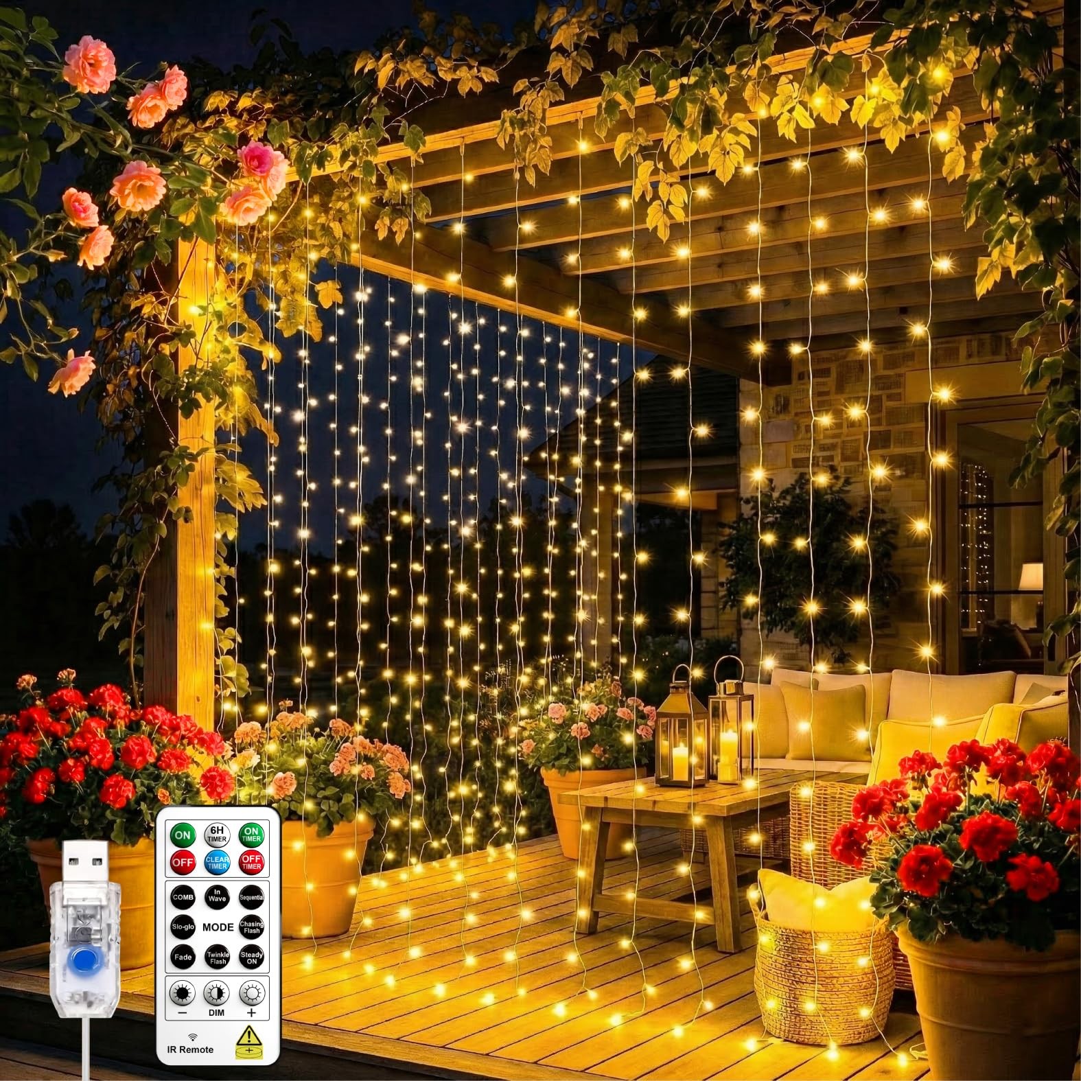 200 LED 6.6x6.6 FT Warm White Curtain String Light 8 Mode Remote Decor