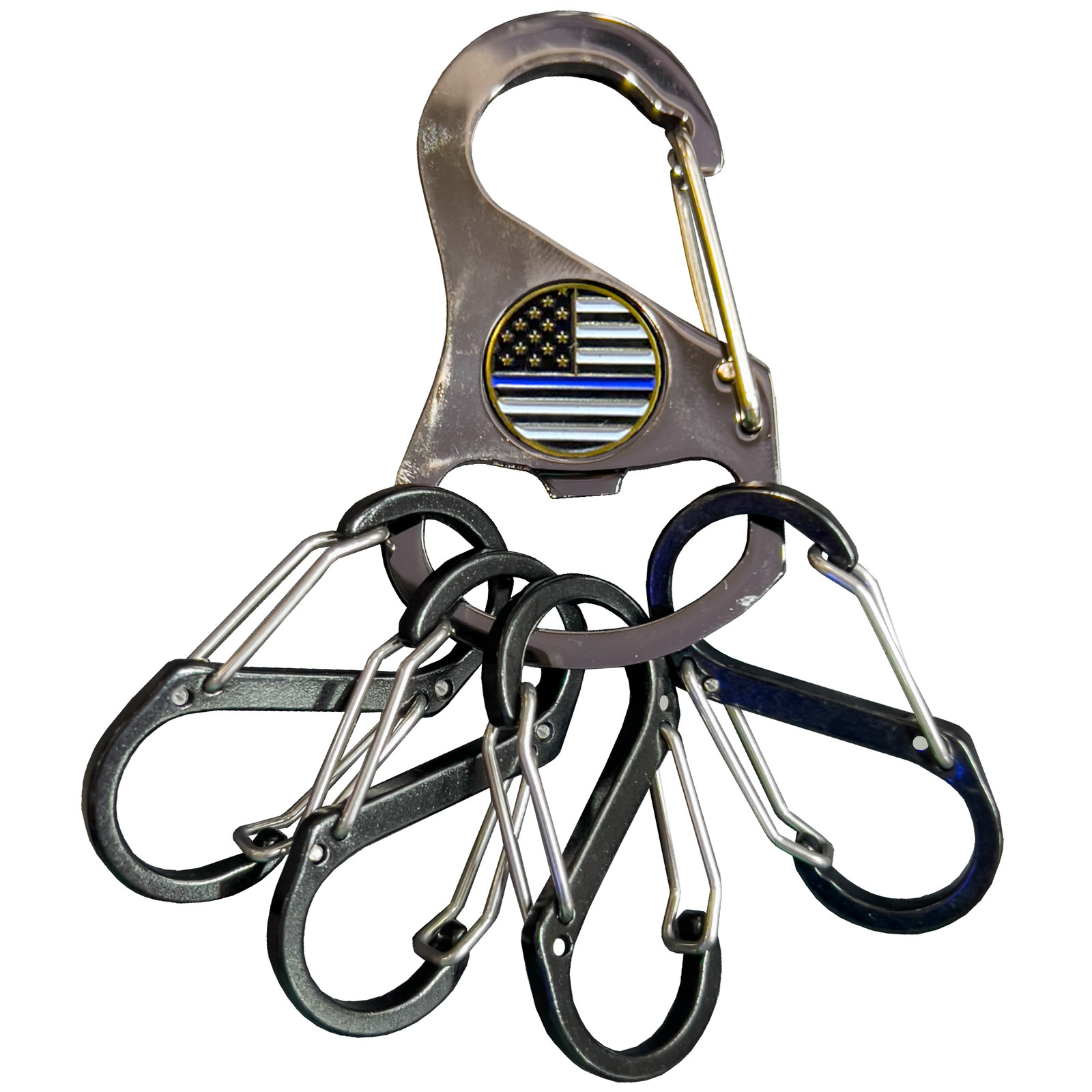 Thin Blue Line Carabiner Keychain with 4 carabiner clips and bottle opener funct