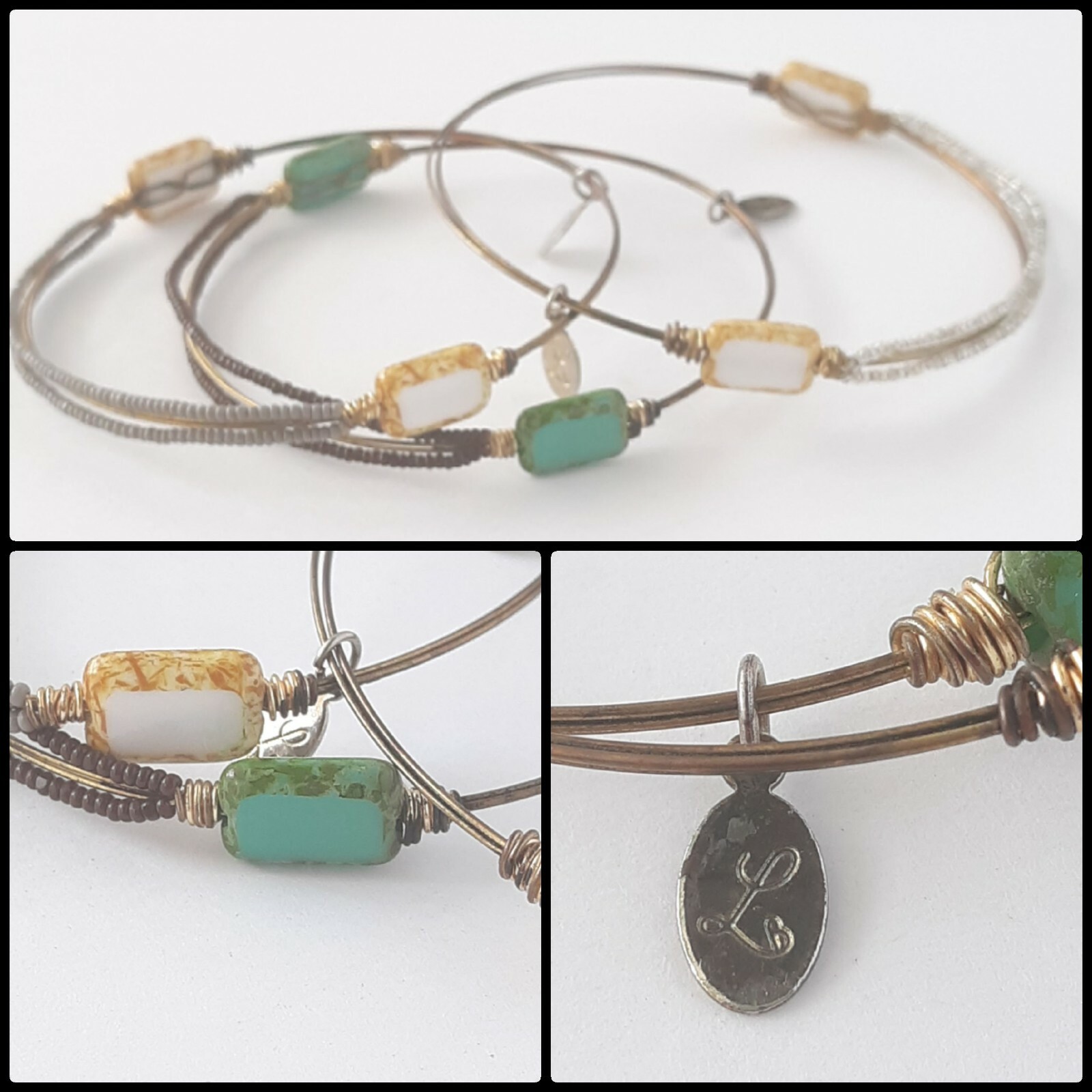 3 Copper Wire Wrapped Glass Faux Stone & Seed Bead Bracelets