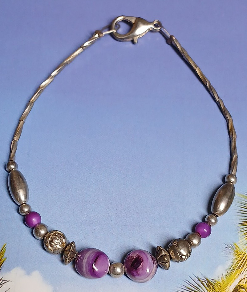 Liquid Silver and Fuchsia Purple Colored Fancy Agate Bead Bracelet