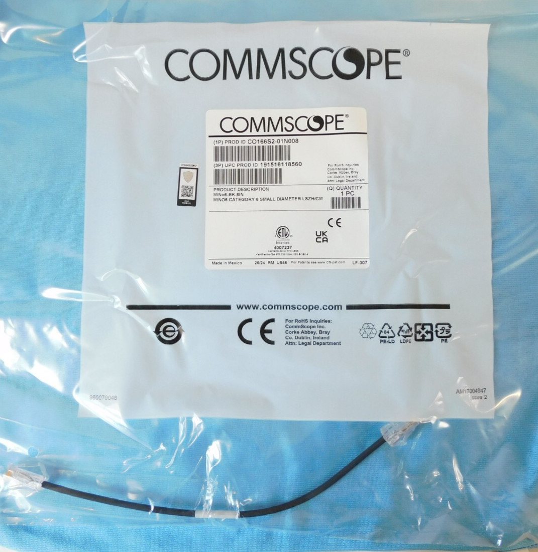 CO166S2-01N008 MiNo6-BK-IN Cat 6 U/UTP Reduced Diameter RJ45 Patch Cord - 8 INCH