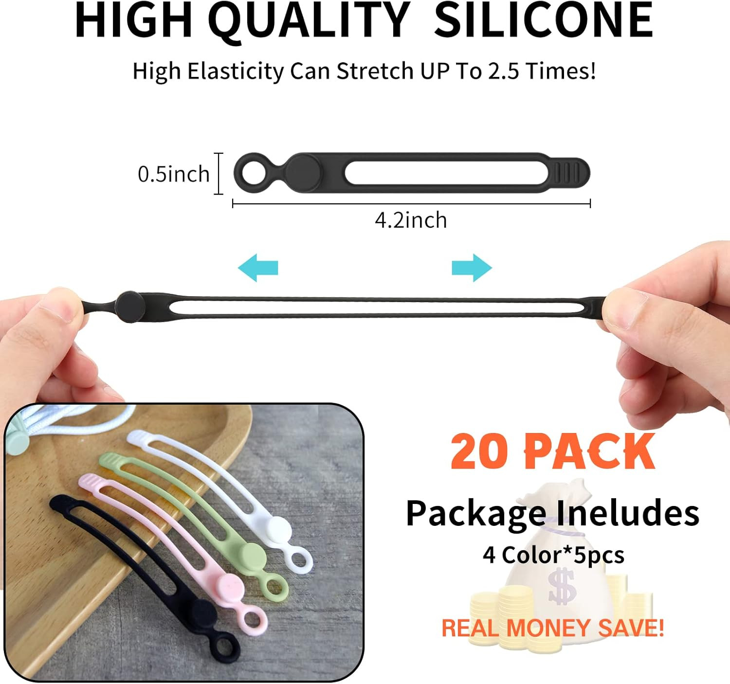 [20Park] Silicone Cable Ties,Reusable Cable Management Organizer, Multipurpose E