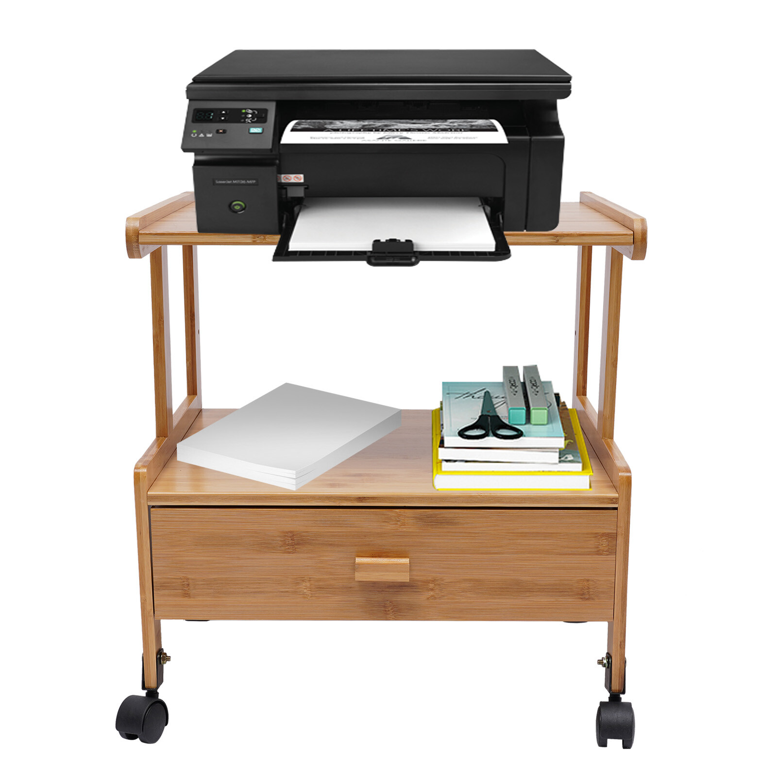 Printer Stand Wheels 2 Tiers Shelf Desk Machine Bamboo Cart Rolling Storage Rack