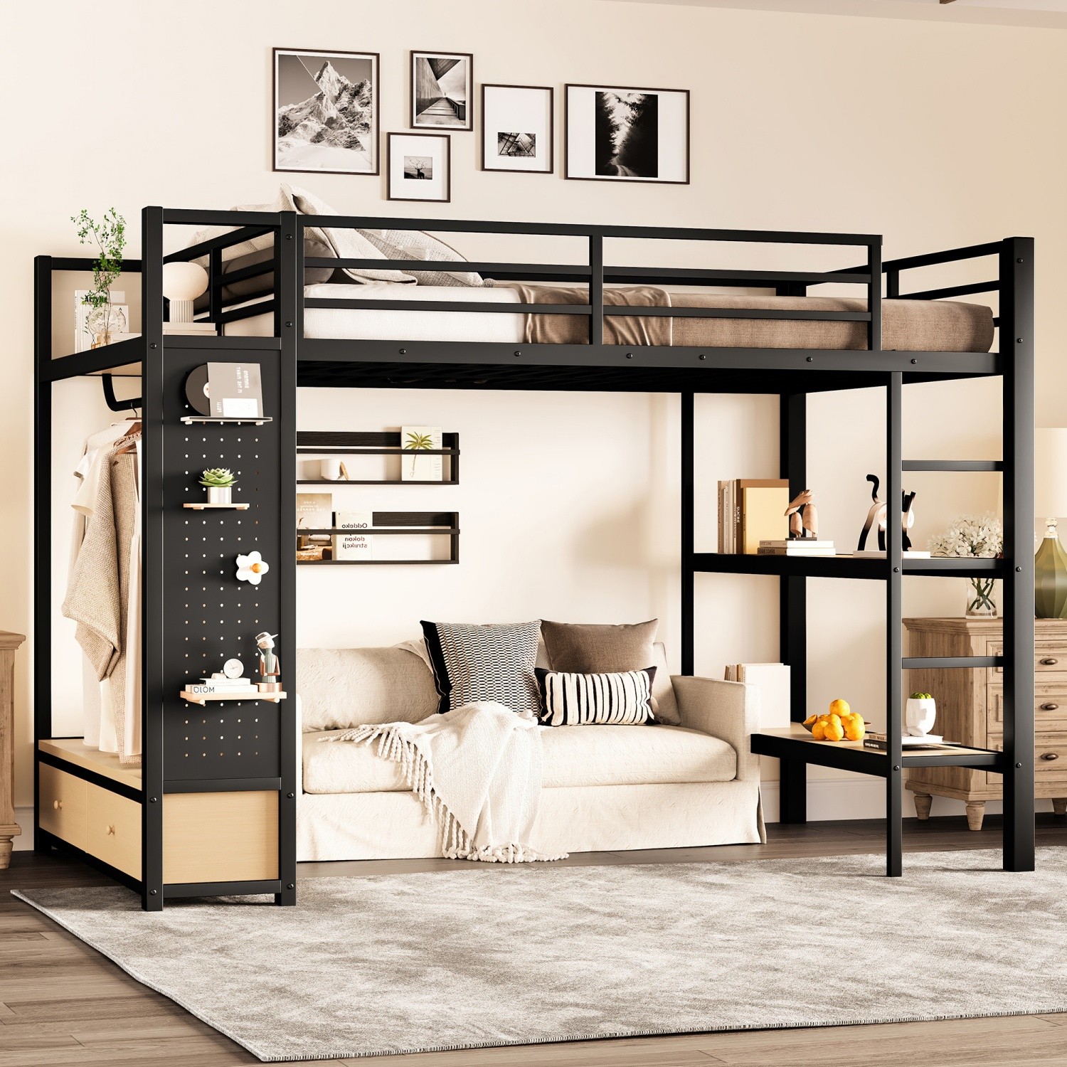 Full/Queen Size Metal Loft Bed Frame with Wardrobe & Storage Shelves & 2 Drawers