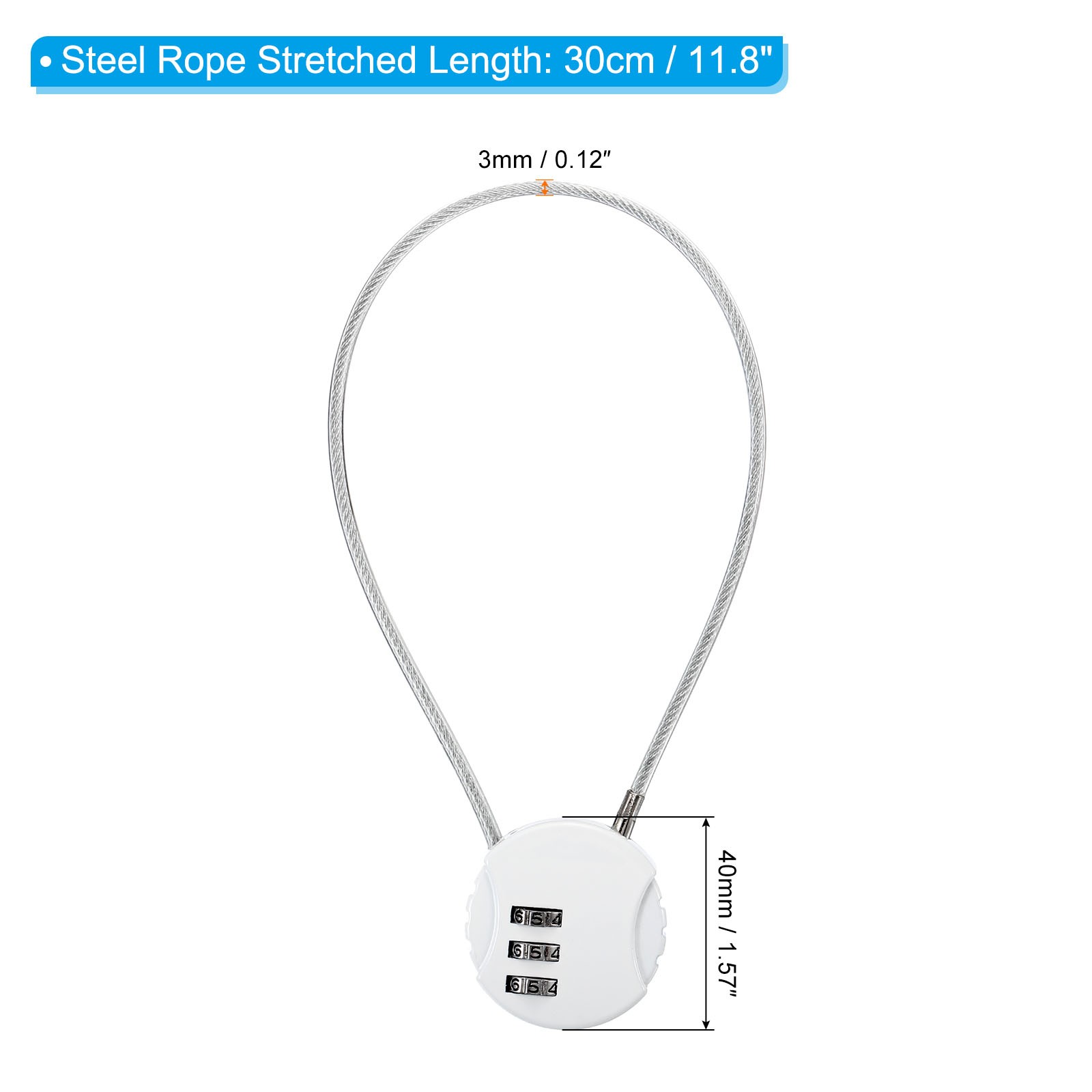 Small Combination Block 11.8", 3pc 3 Digit Luggage Lock, White