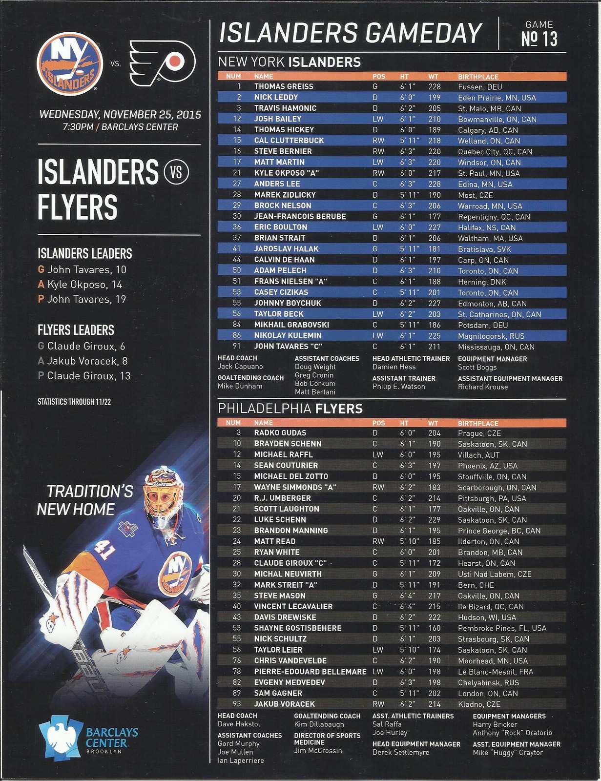 NEW YORK ISLANDERS PHILADELPHIA FLYERS GAMEDAY # 13 NOVEMBER 25,2015 PROGRAM