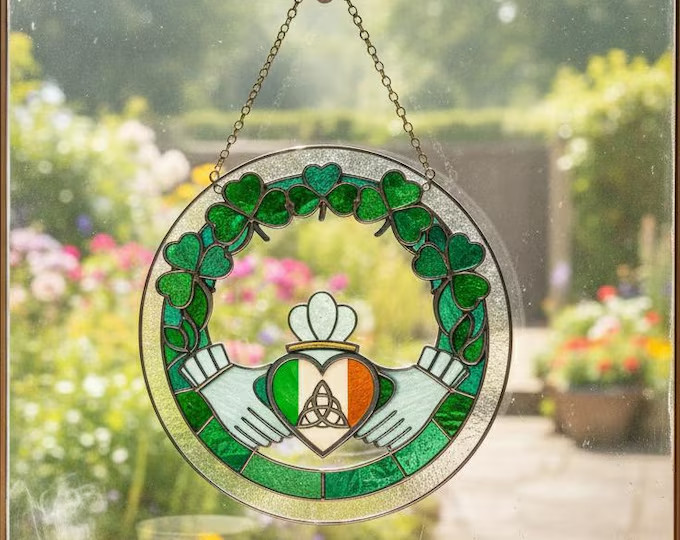 Irish Claddagh Stained Glass Suncatcher Celtic Window Decor Gift