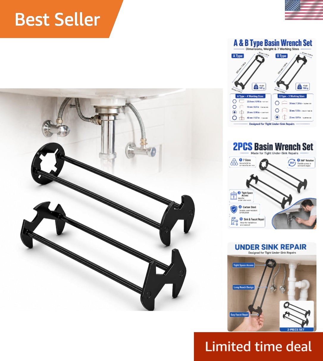 Efficient 2PCS Basin Wrench Set for Tight Spaces - Rotating Head & Metal Build