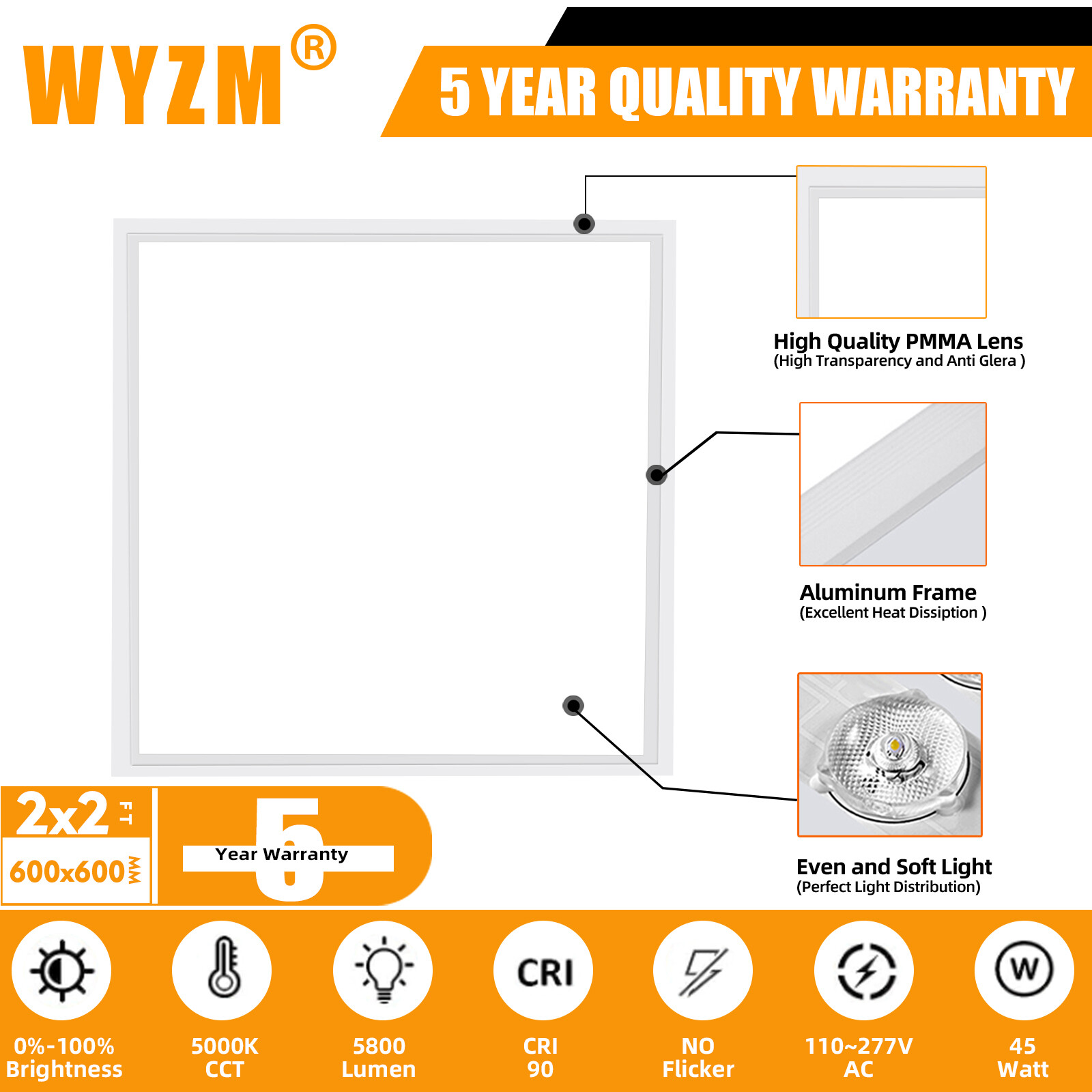 6Pack 2x2 FT LED Flat Panel Lights, Back-lit Drop Ceiling Lights, 0-10V Dimmable