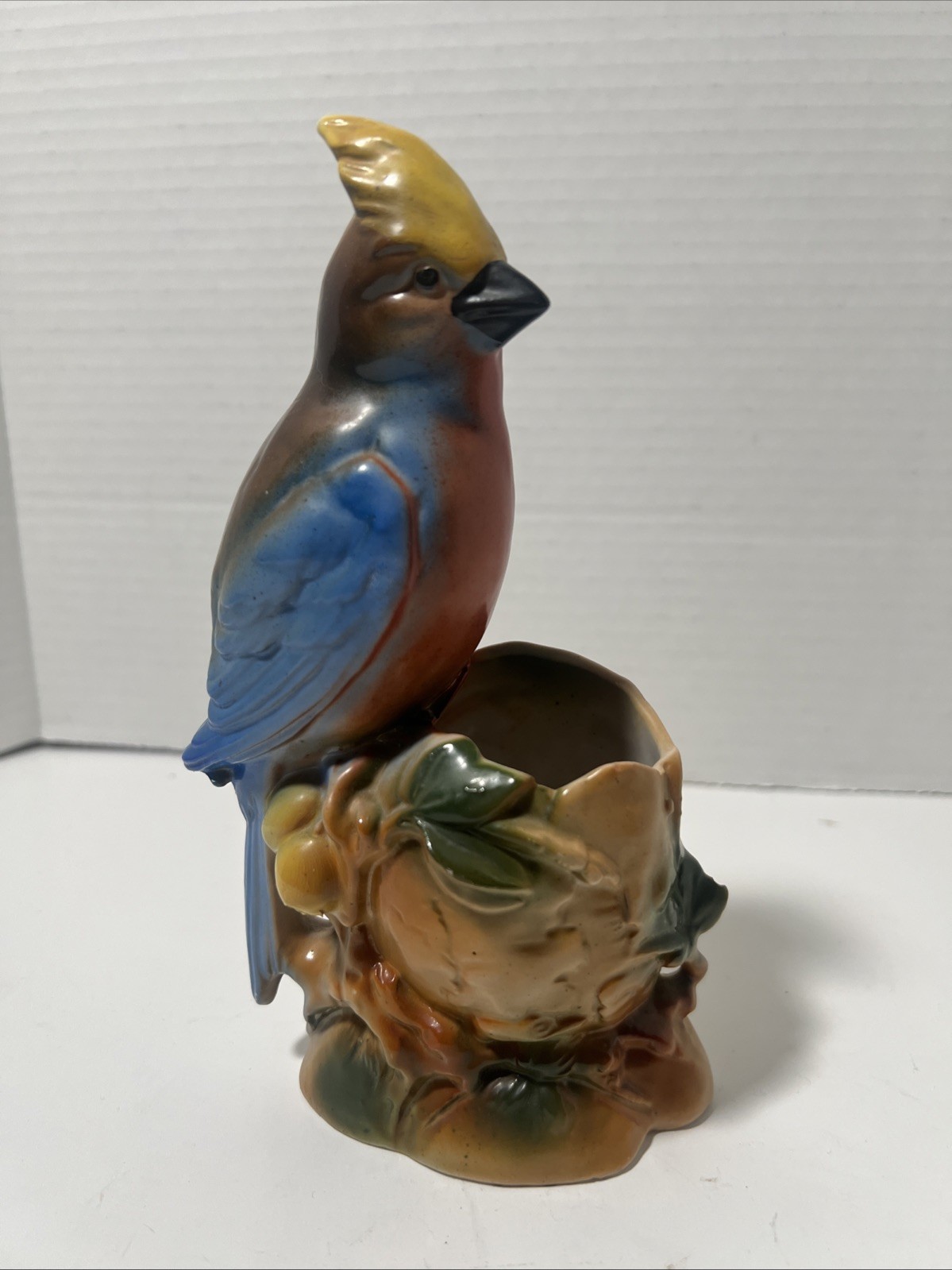 Antique Crested Tropical Bird Planter Made In Germany Porcelain Figurine Decor