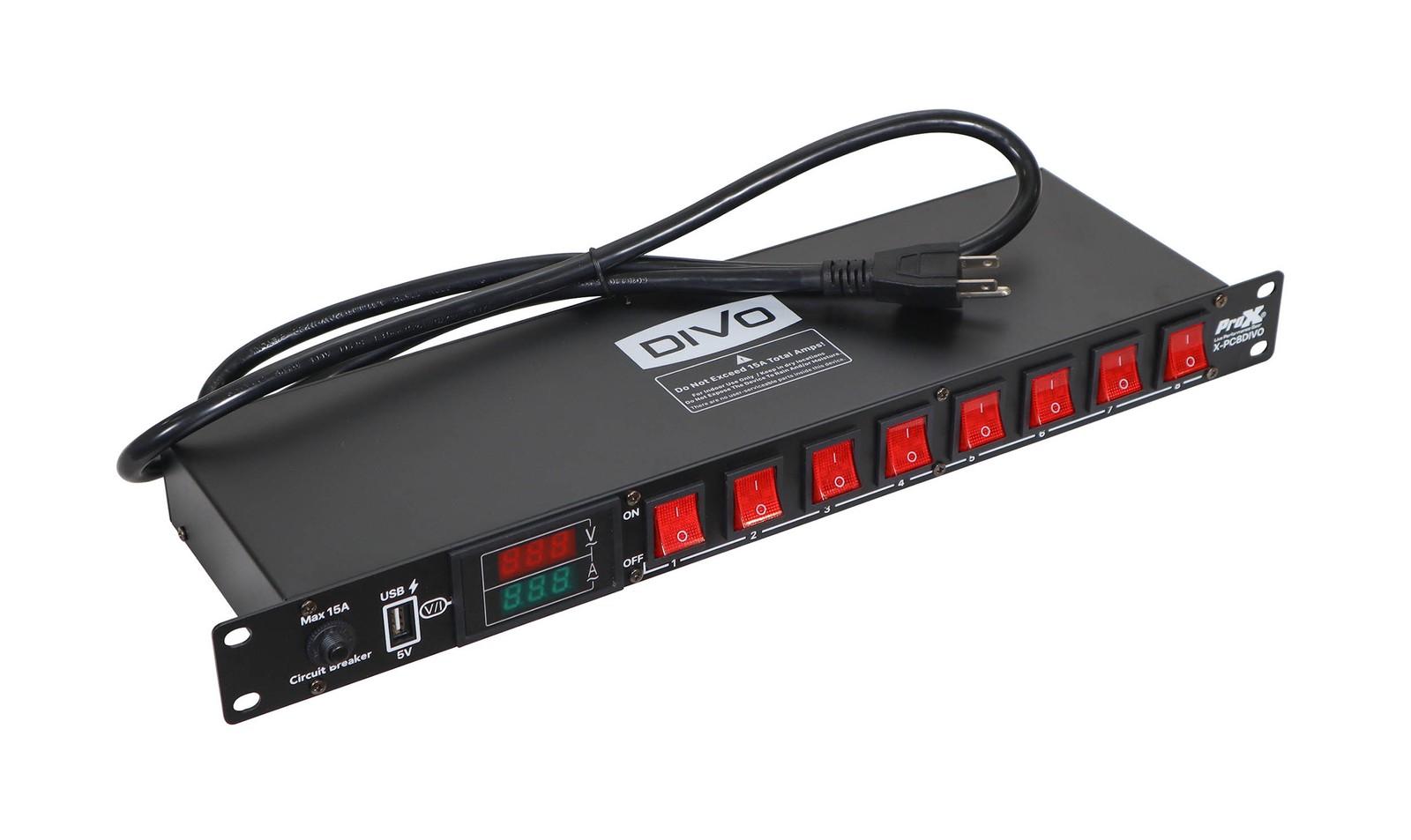 ProX X-PC8DIVO, 1U 8-Way Power Distribution Center with LED Lamp and USB Port