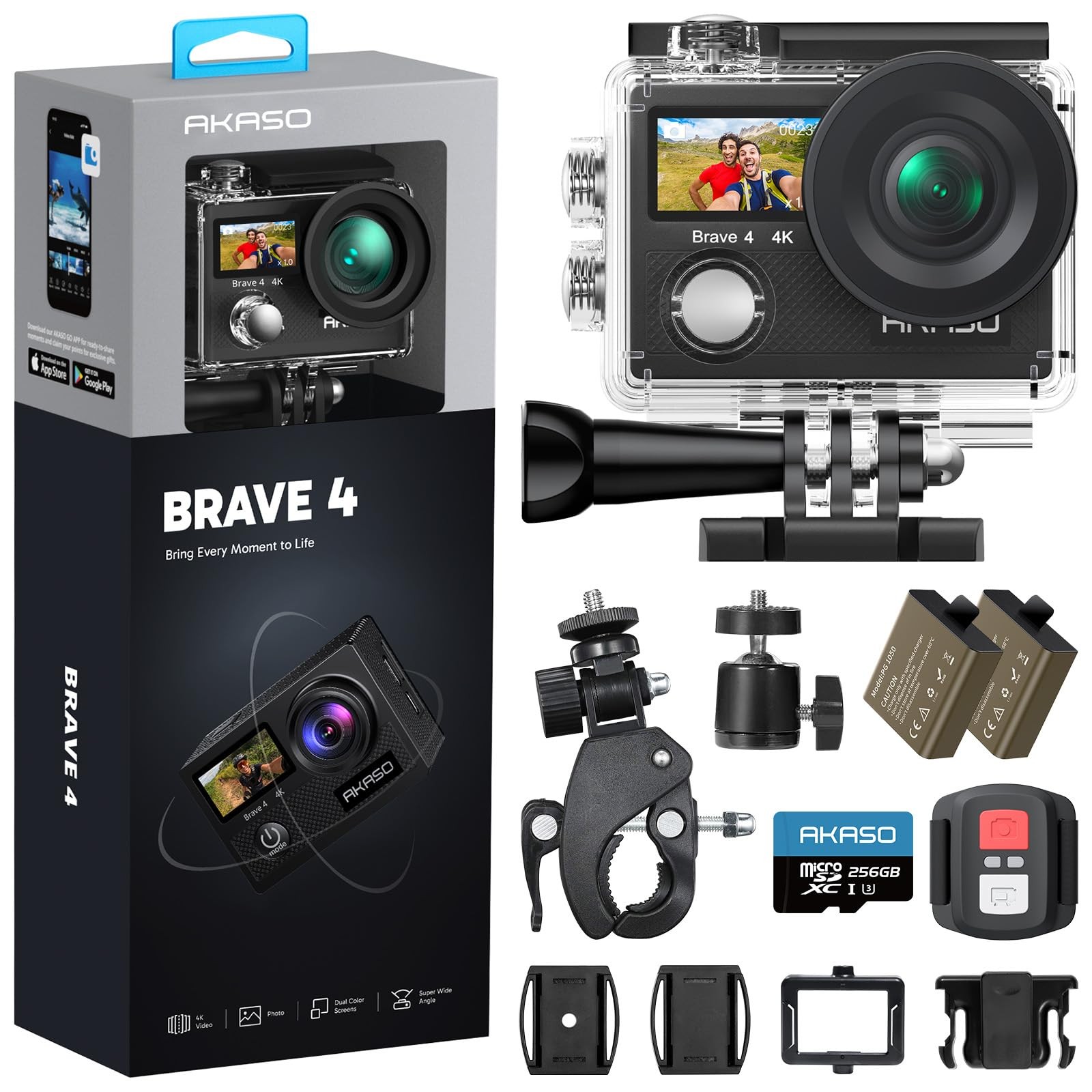 AKASO Brave 4 Action Camera with 256GB MicroSDXC U3 Card 4K30FPS 20MP Black