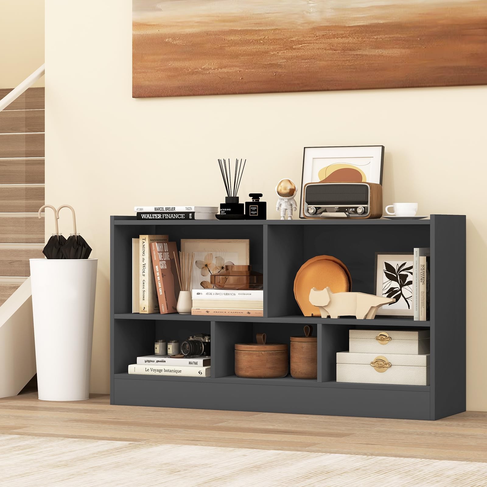5-Cube Bookcase, Freestanding 3-Tier Bookshelf with Spacious Top & Raised Bas...