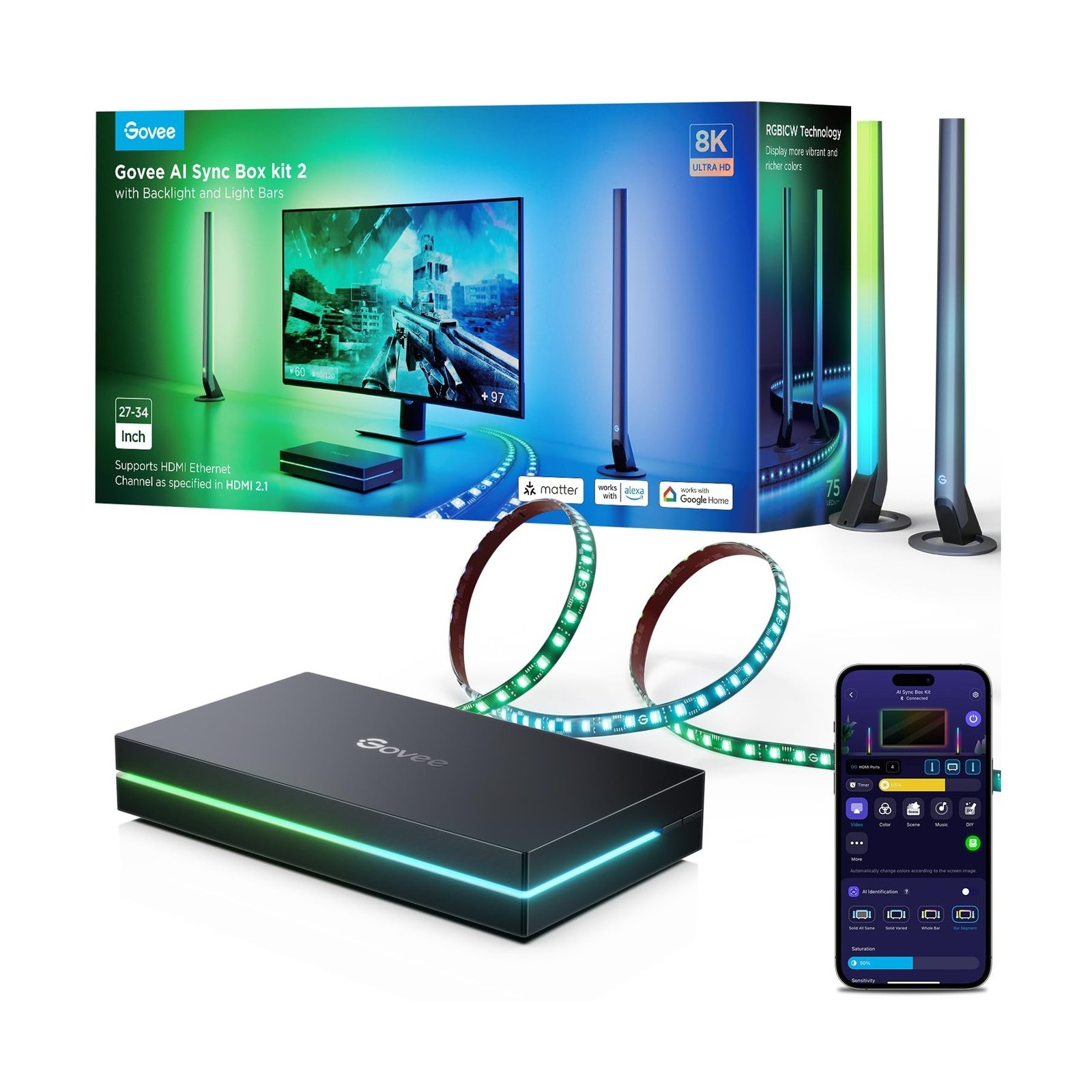 Govee HDMI 2.1 Sync Box Kit 2, Includes AI Sync Box, Light Bars, and Monitor ...