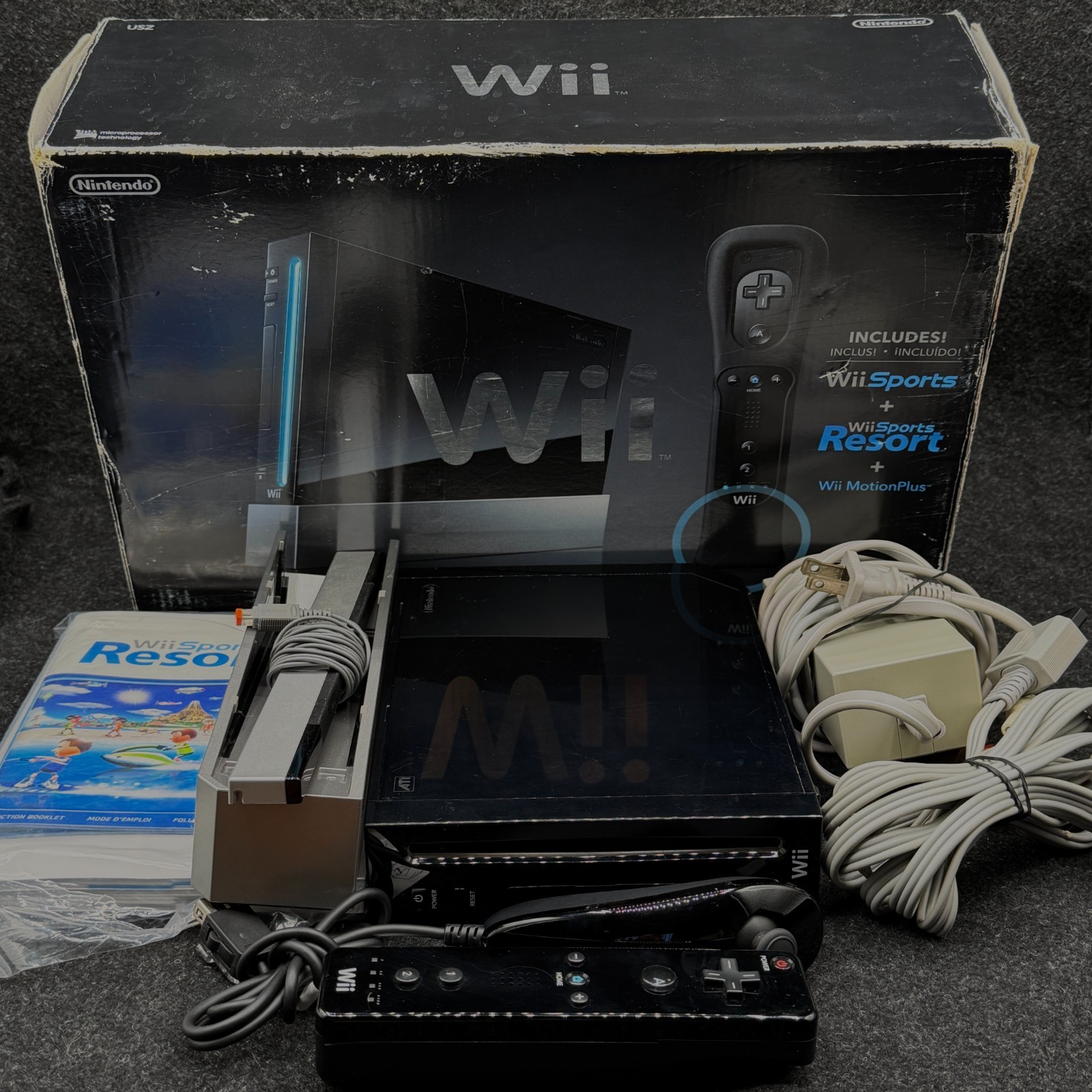 Nintendo Wii Black Console RVL-001 Wii Bundle With Box (No Games) Tested & Works