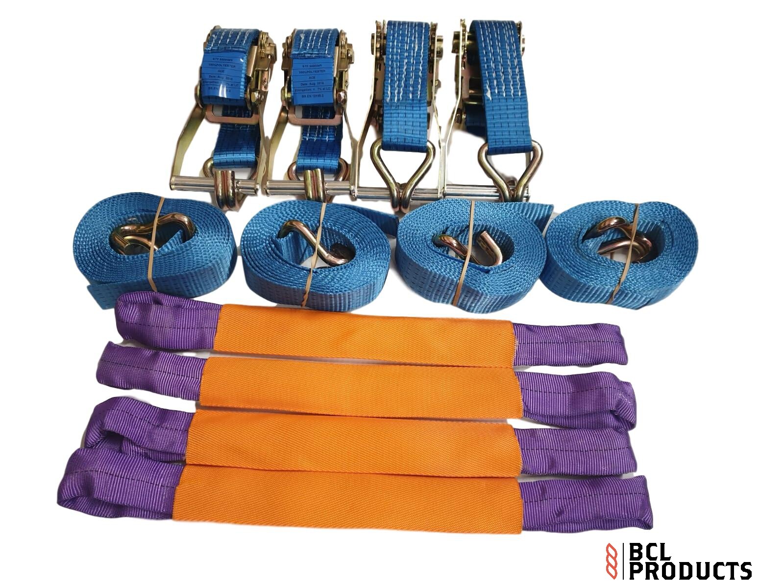 4 x Recovery Wheel Strap Set - 5 Tonne Ratchet Strap With Polyester Wheel Straps