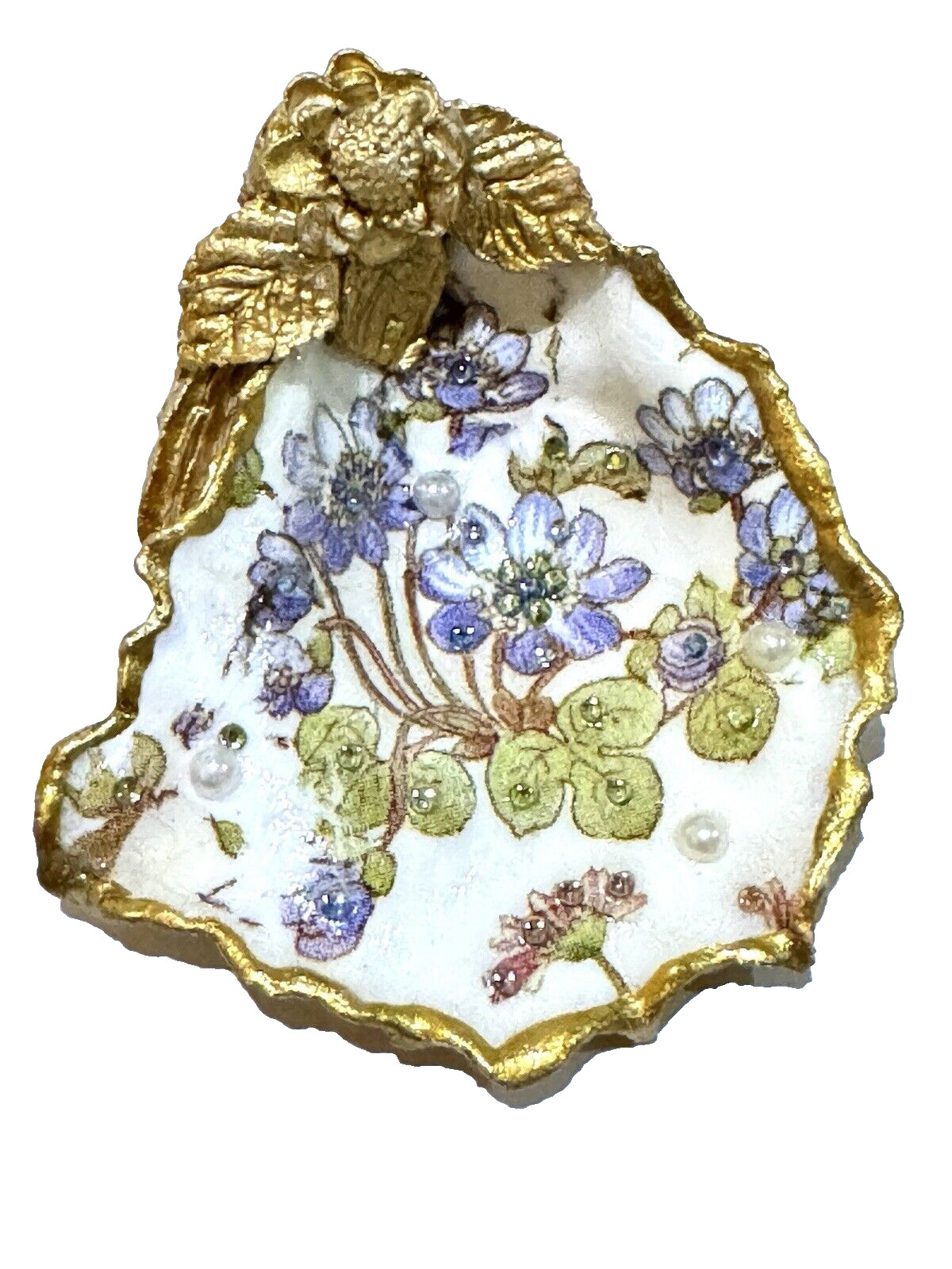 Blue Flowers Oyster Shell Decoupage Embellishments Rhinestones Pearls Handmade