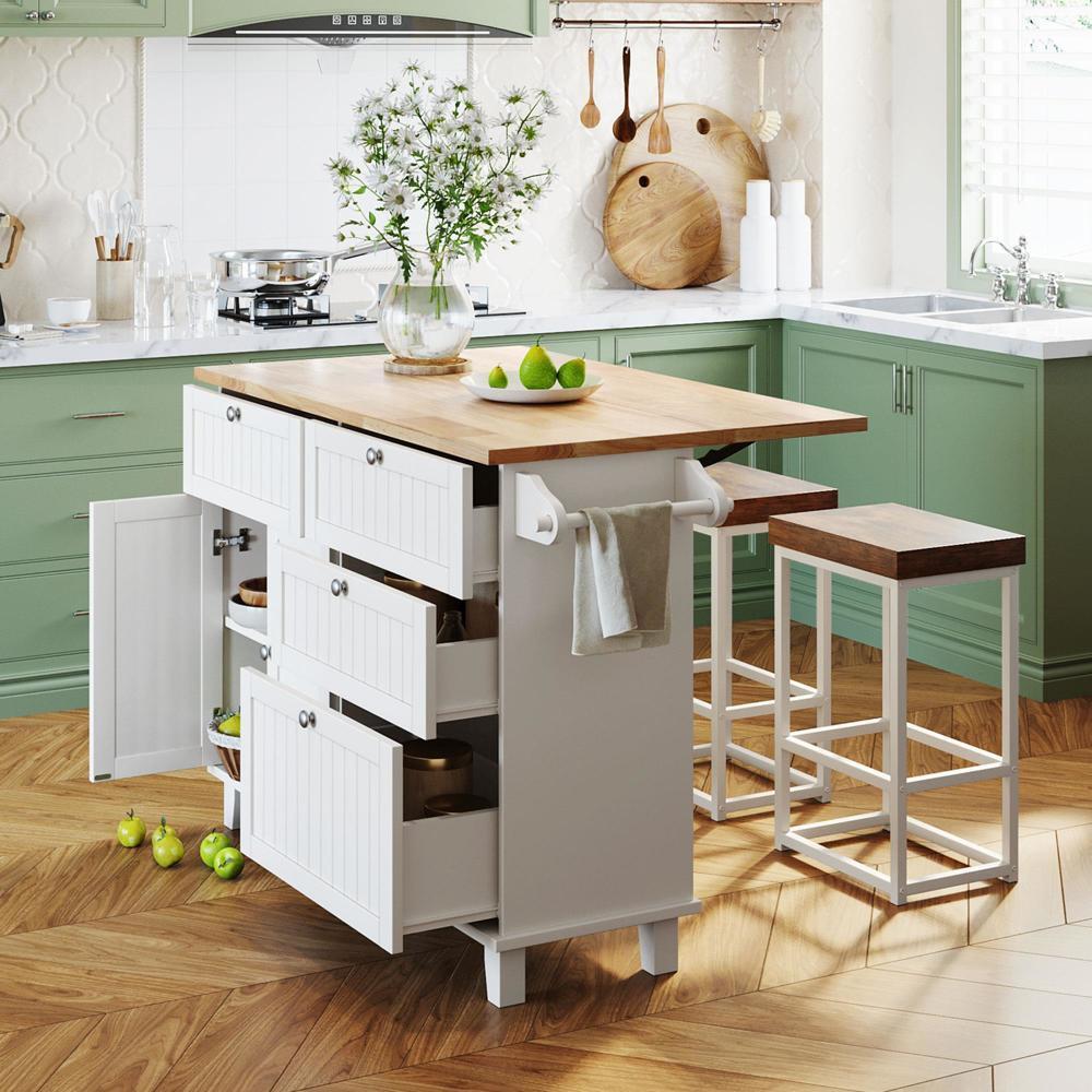 New Practical Modern Kitchen Island Set with Drop Leaf and 2 Seatings Towel Rack