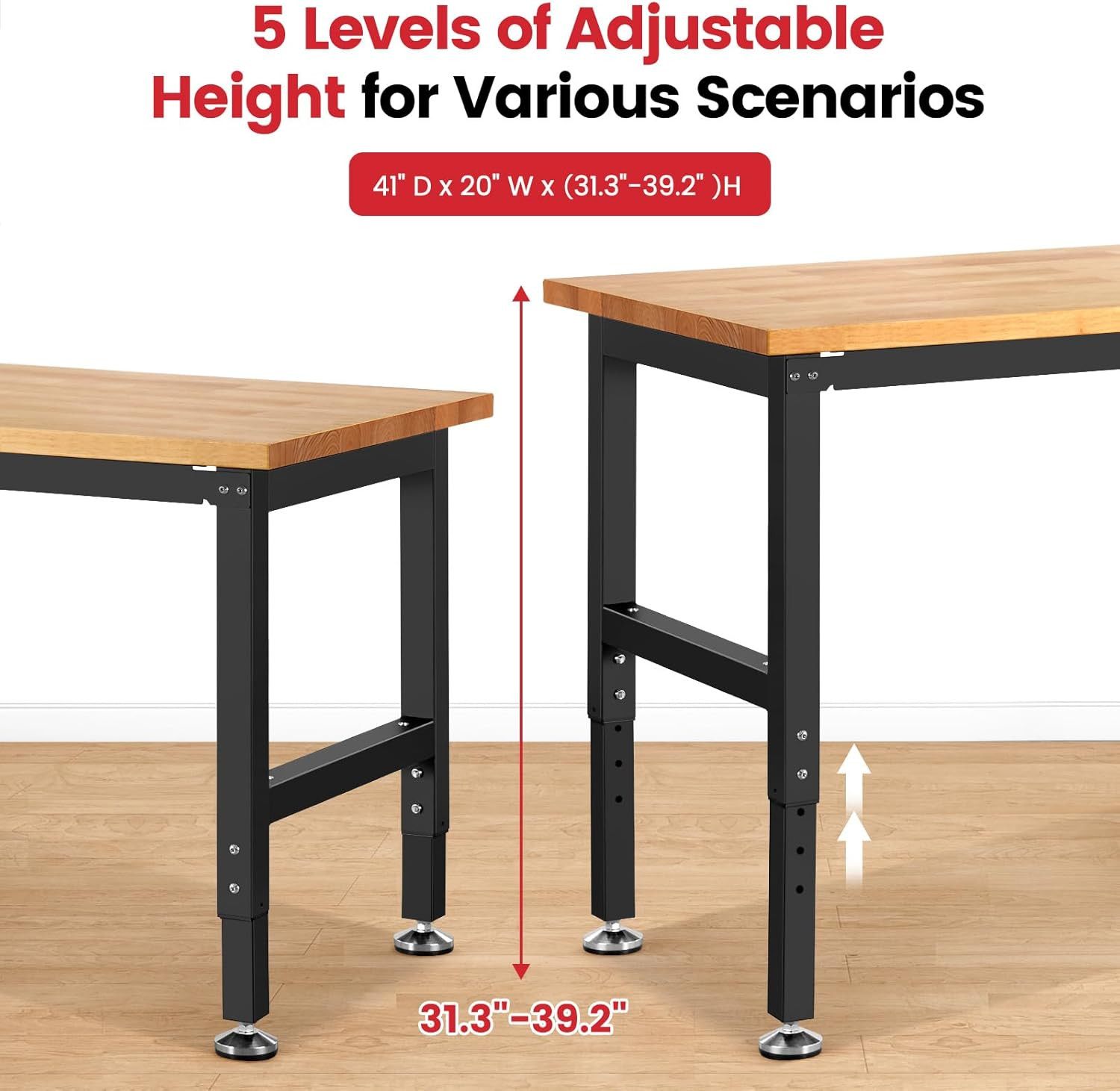 41" X 20" Adjustable Height Workbench for Garage Heavy Duty Rubberwood Top Work
