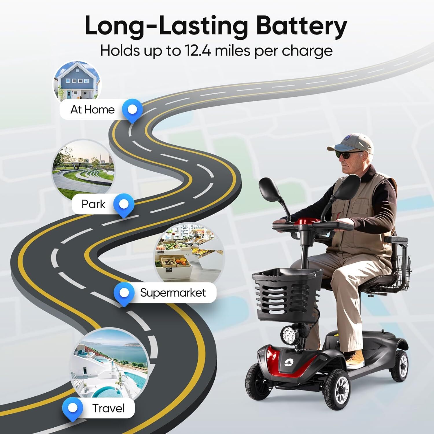 Pro 4 Wheels Mobility Scooter 12.4miles All Terrain LED Headlights Two Baskets