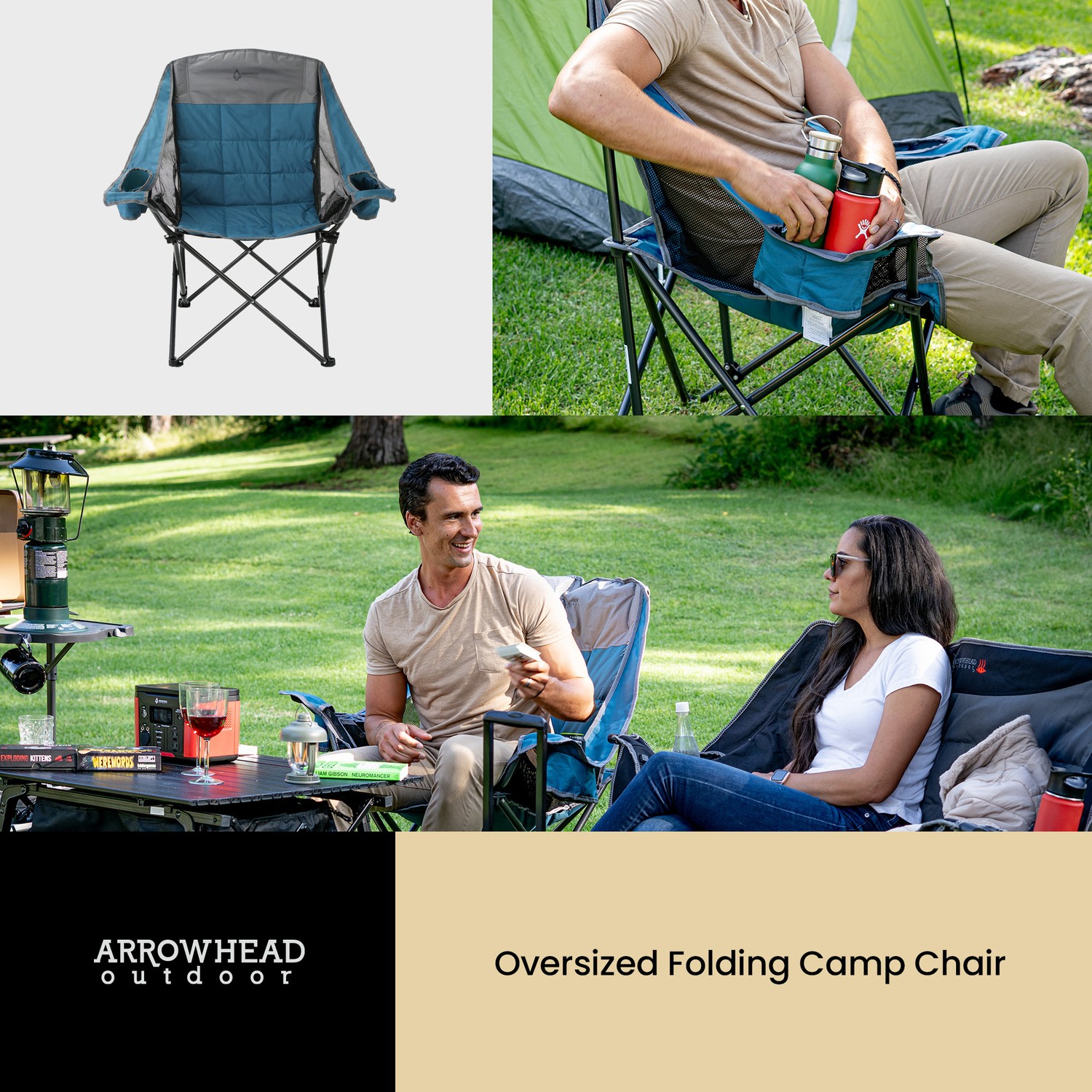 Portable Oversized Folding Camp Chair 2 Cup Holders Side Mesh Pockets Carry Bag